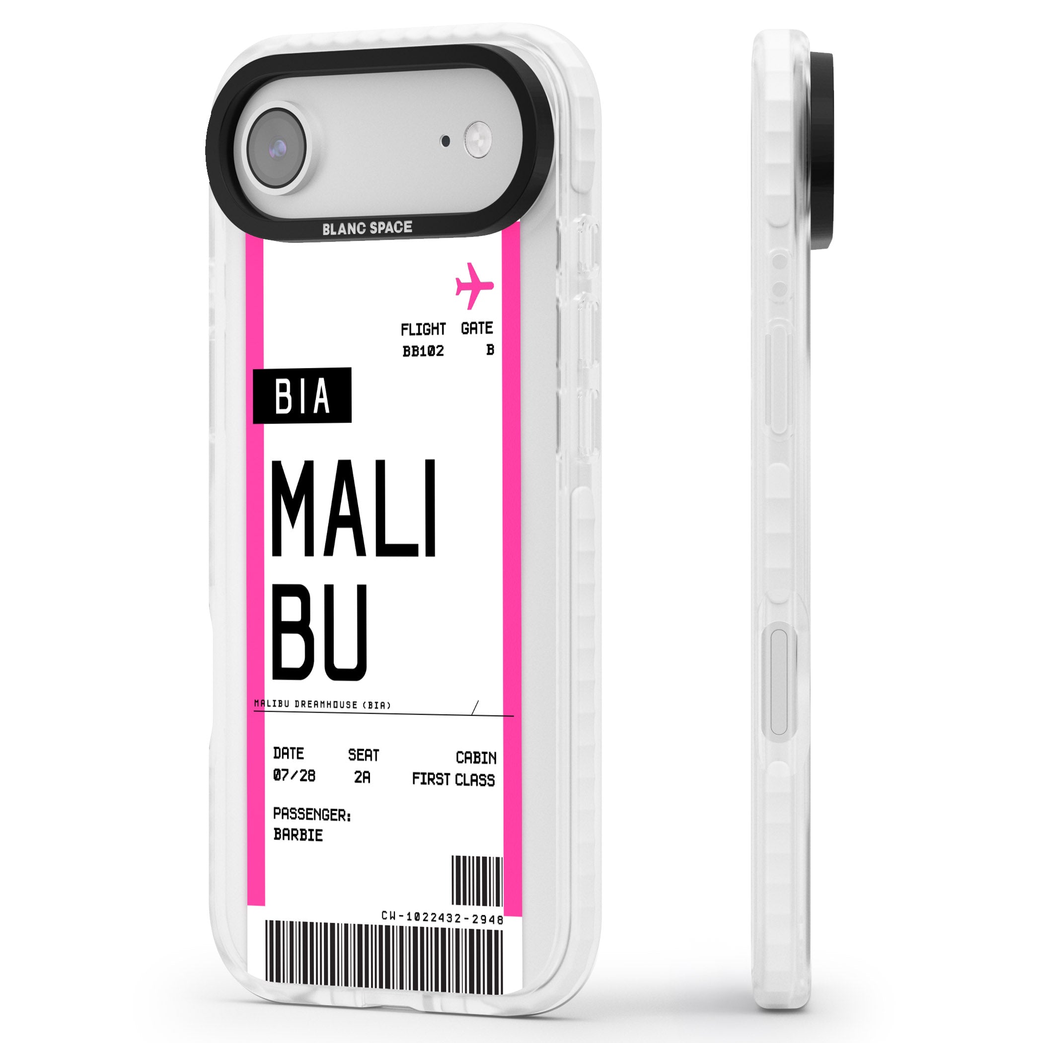 Personalised Pink Malibu Boarding Pass iPhone 17 Air Impact Pro Clear Phone Case Side Profile