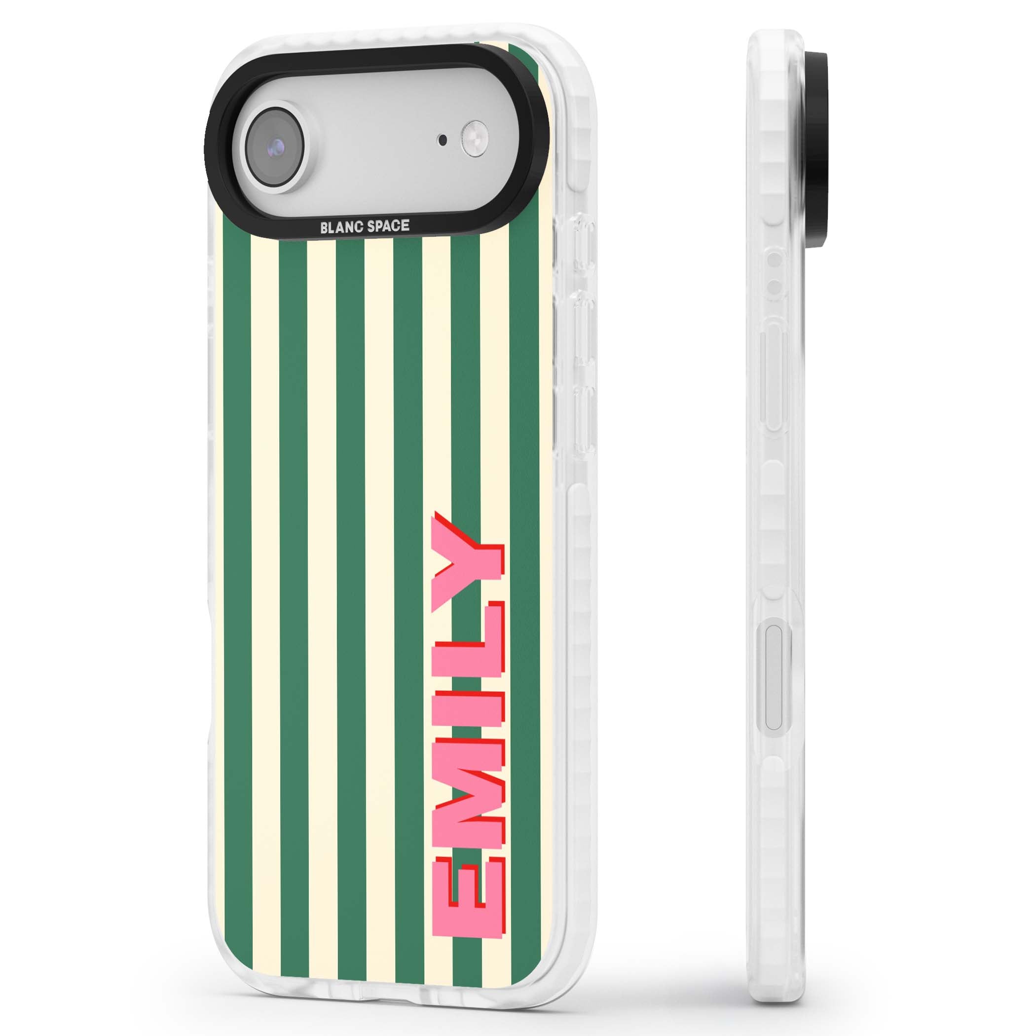 Wimbledon Stripe preppy iPhone case featuring green and cream vertical stripes with a personalised pink name | Impact Magsafe case for iPhone Air