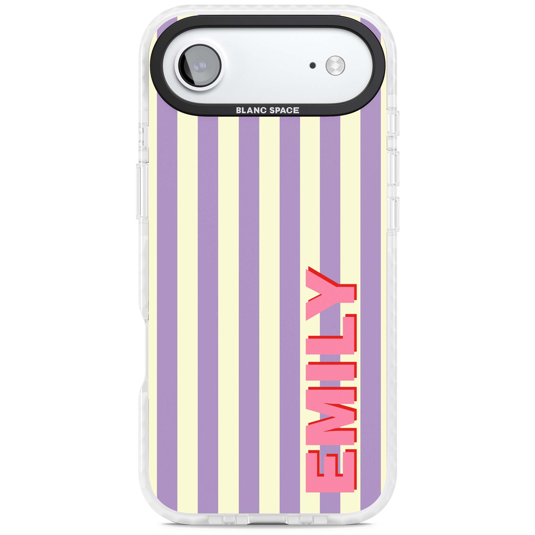 Valensole Stripe personalised iPhone case with purple and cream vertical stripes and pink custom name | Impact Magsafe case for iPhone Air