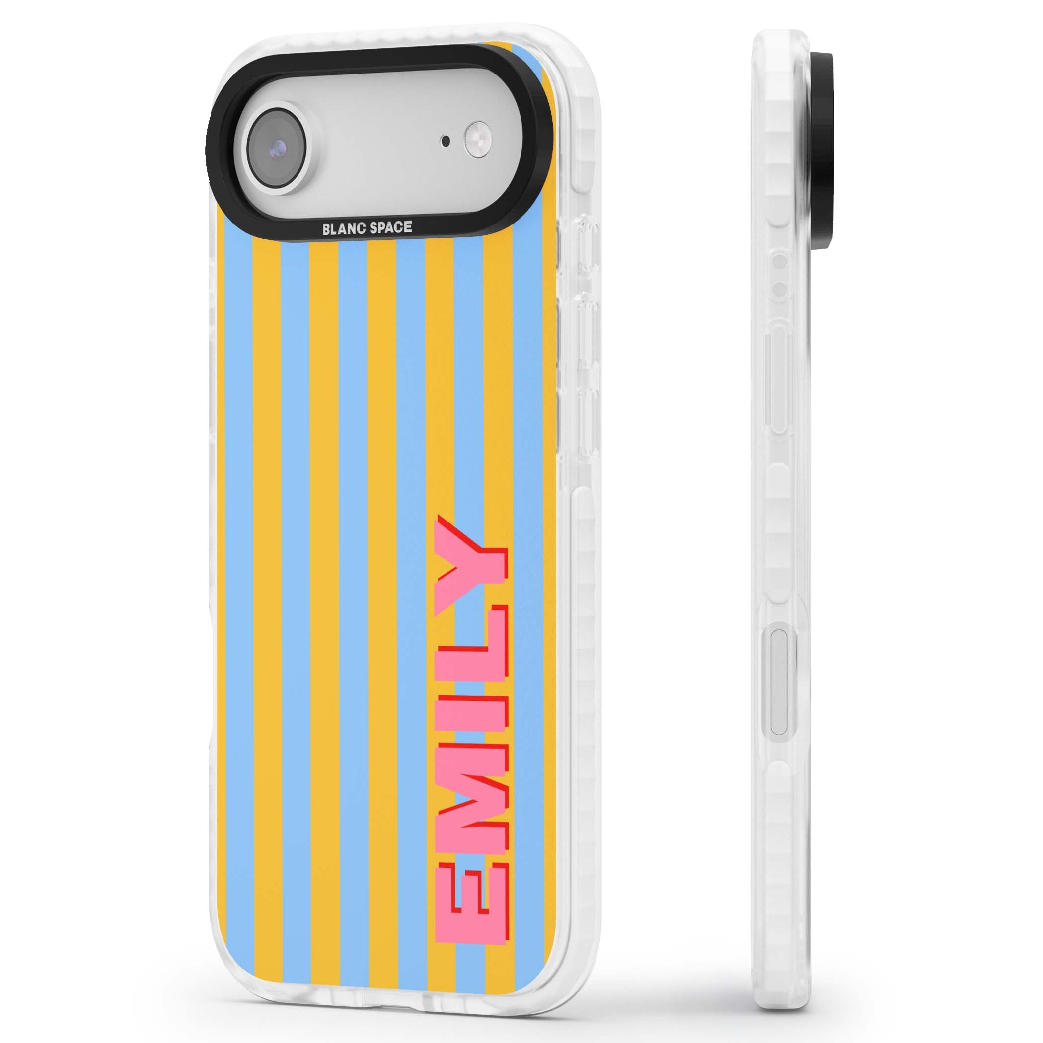 Carribean Stripe personalised coastal iPhone case with yellow and blue vertical stripes and a custom pink name | Impact Magsafe case for iPhone Air
