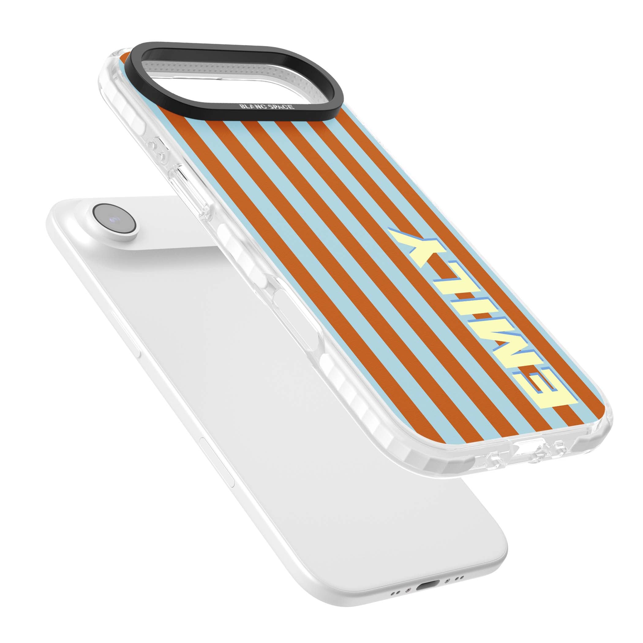 Cappadocia Stripe personalised coastal iPhone case featuring blue and orange vertical stripes with custom cream name | Impact Magsafe case for iPhone Air