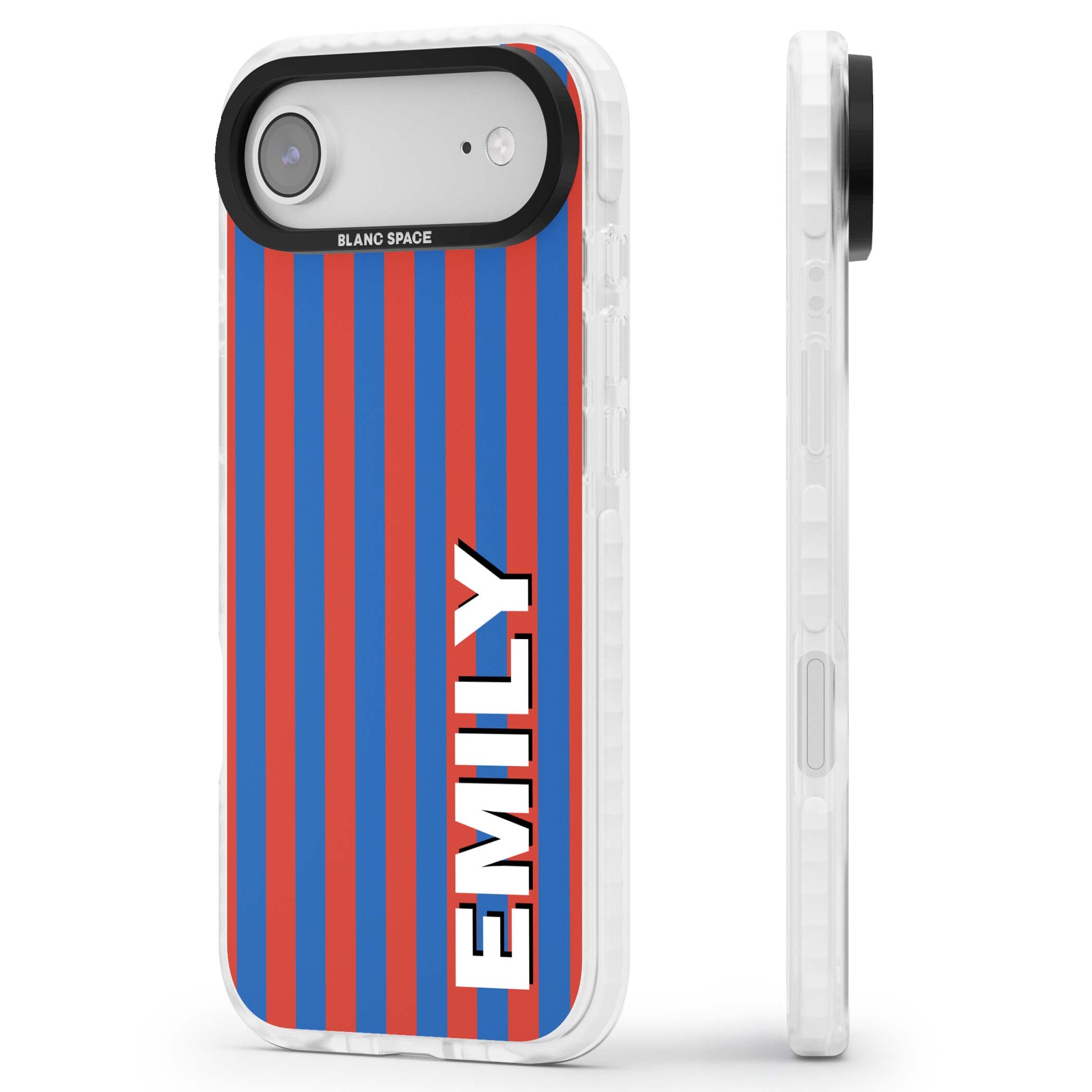 Cuban Stripe personalised iPhone case featuring red and blue vertical stripes with custom name in bold white letters | Impact Magsafe case for iPhone Air