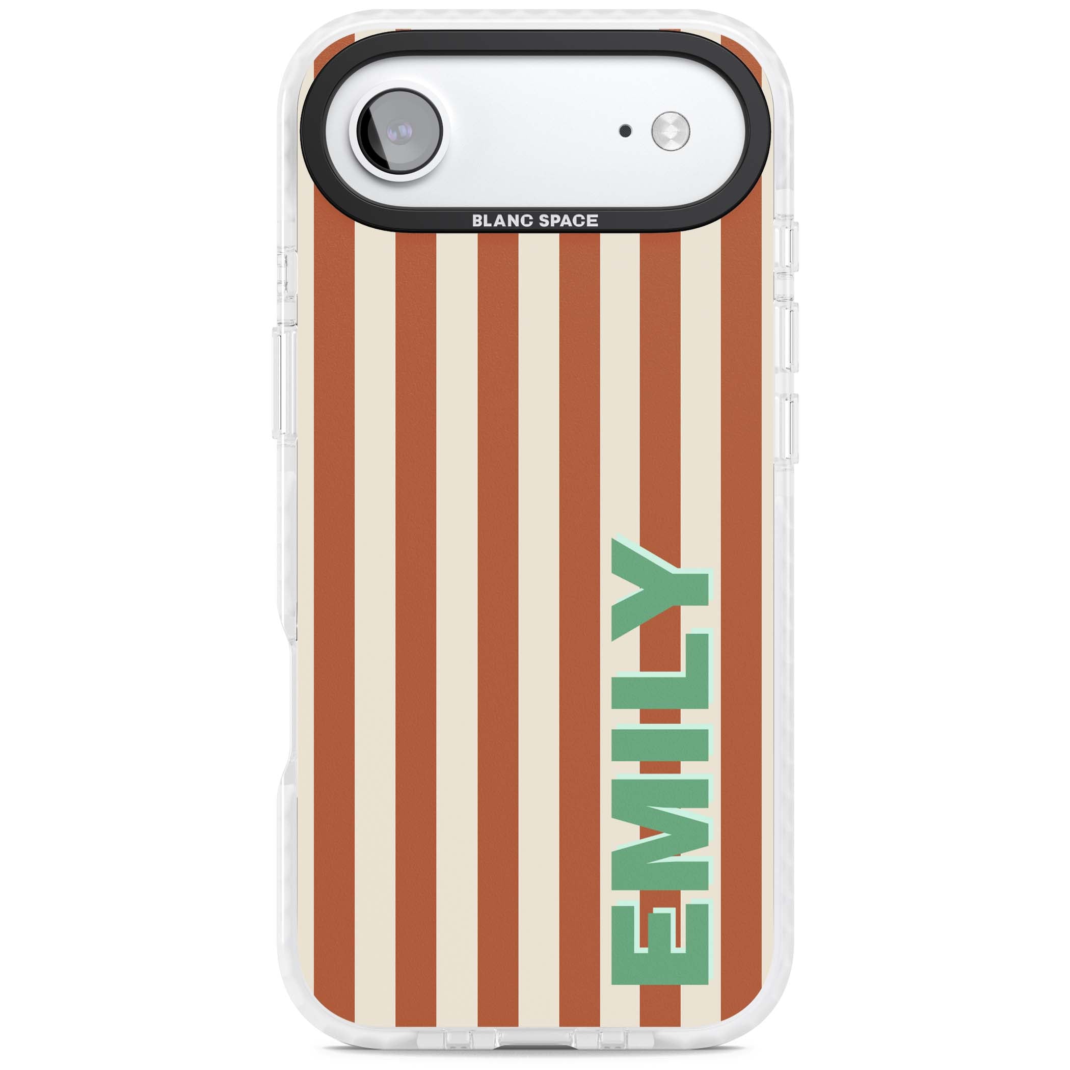 Dune Stripe personalised iPhone case with rust and cream vertical stripes and custom name in mint green | Impact Magsafe case for iPhone Air
