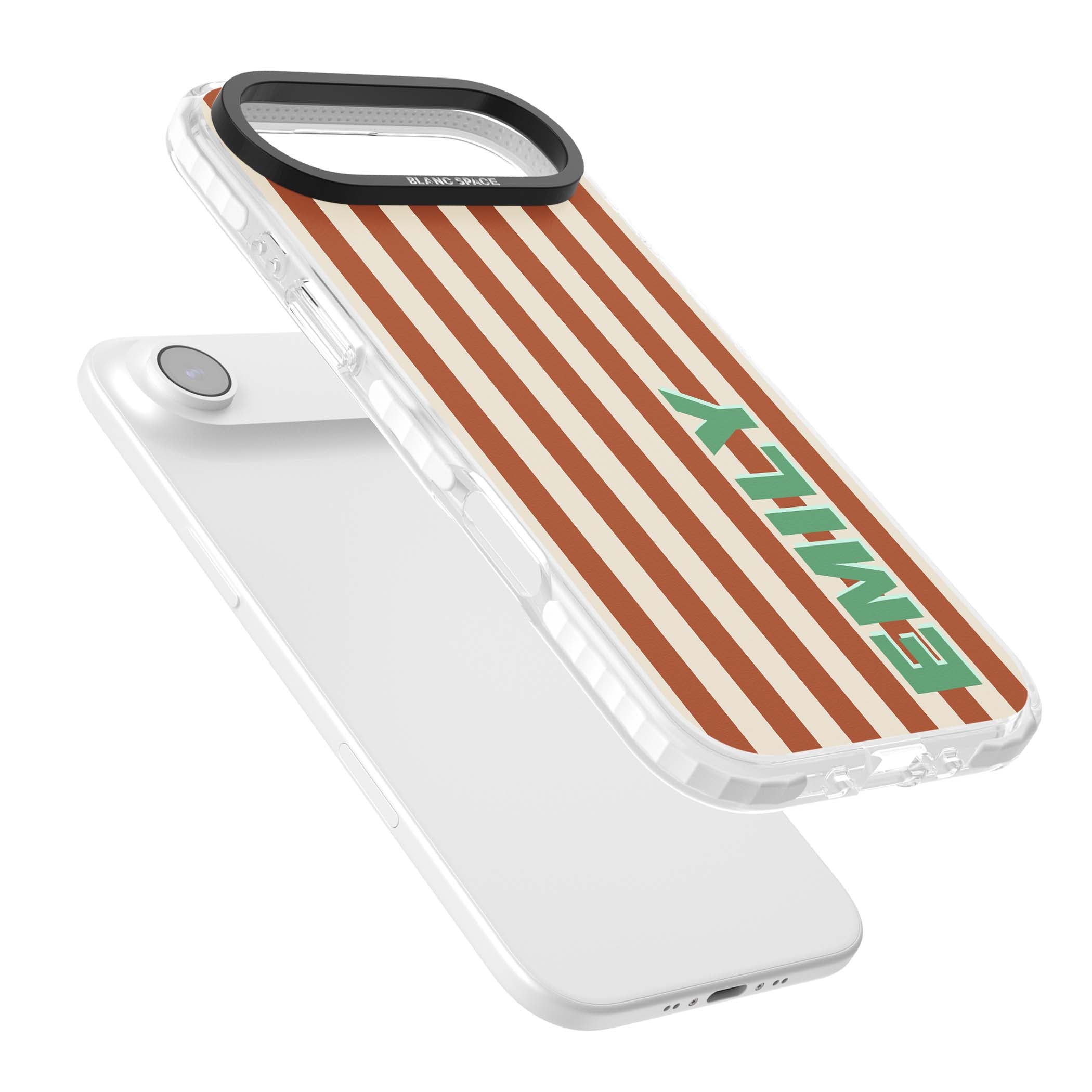 Dune Stripe personalised iPhone case with rust and cream vertical stripes and custom name in mint green | Impact Magsafe case for iPhone Air