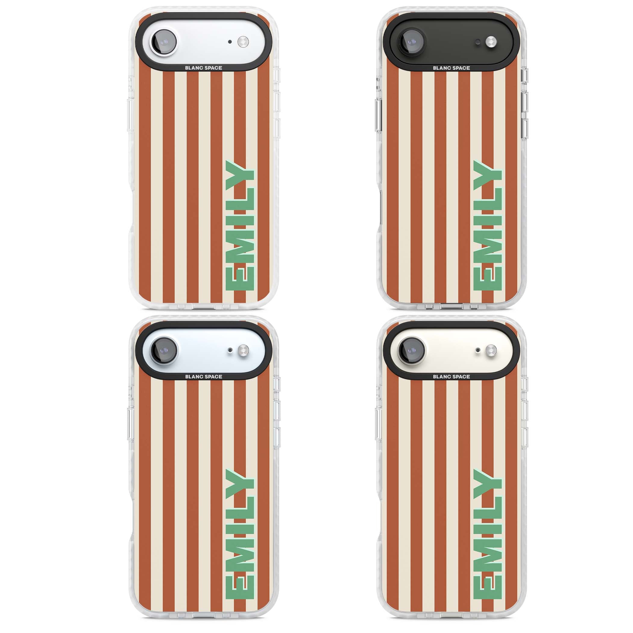 Dune Stripe personalised iPhone case with rust and cream vertical stripes and custom name in mint green | Impact Magsafe case for iPhone Air