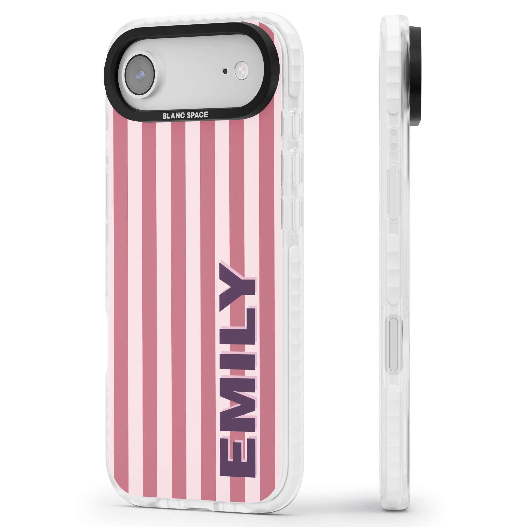 Victoria Stripe personalised iPhone case featuring pink vertical stripes and custom name in bold plum lettering | Impact Magsafe case for iPhone Air