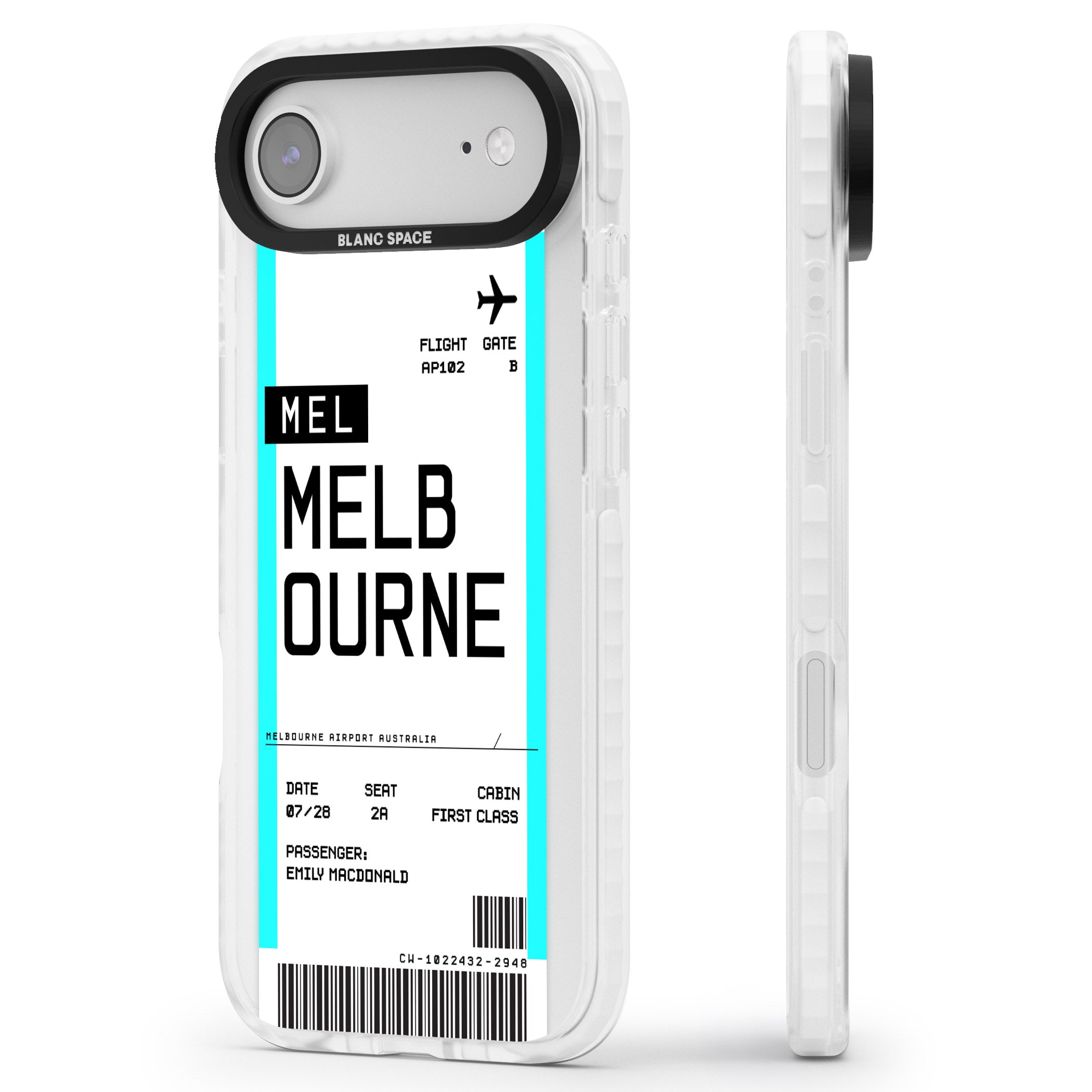 Personalised Melbourne Boarding Pass iPhone 17 Air Impact Pro Clear Phone Case Side Profile