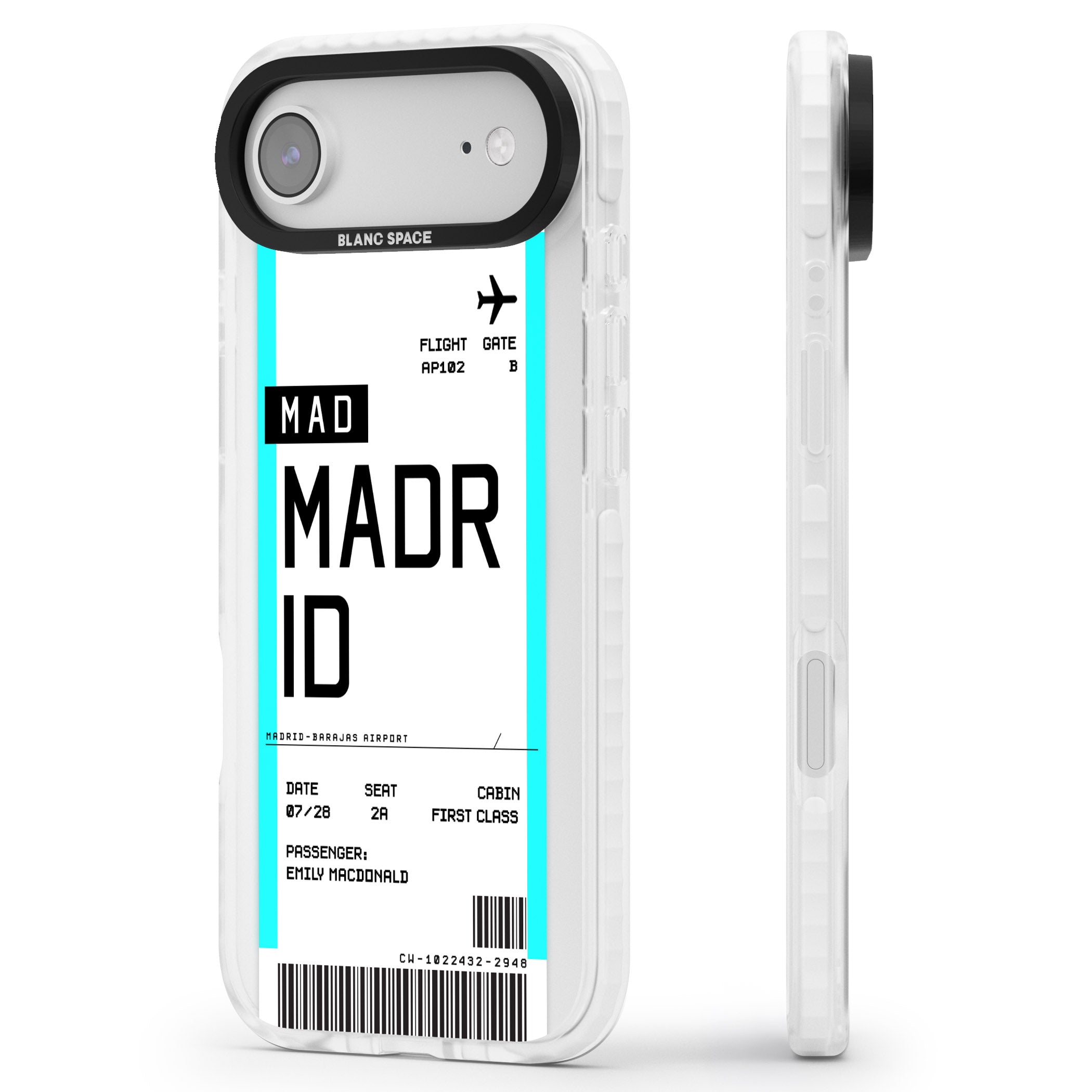 Personalised Madrid Boarding Pass iPhone 17 Air Impact Pro Clear Phone Case Side Profile