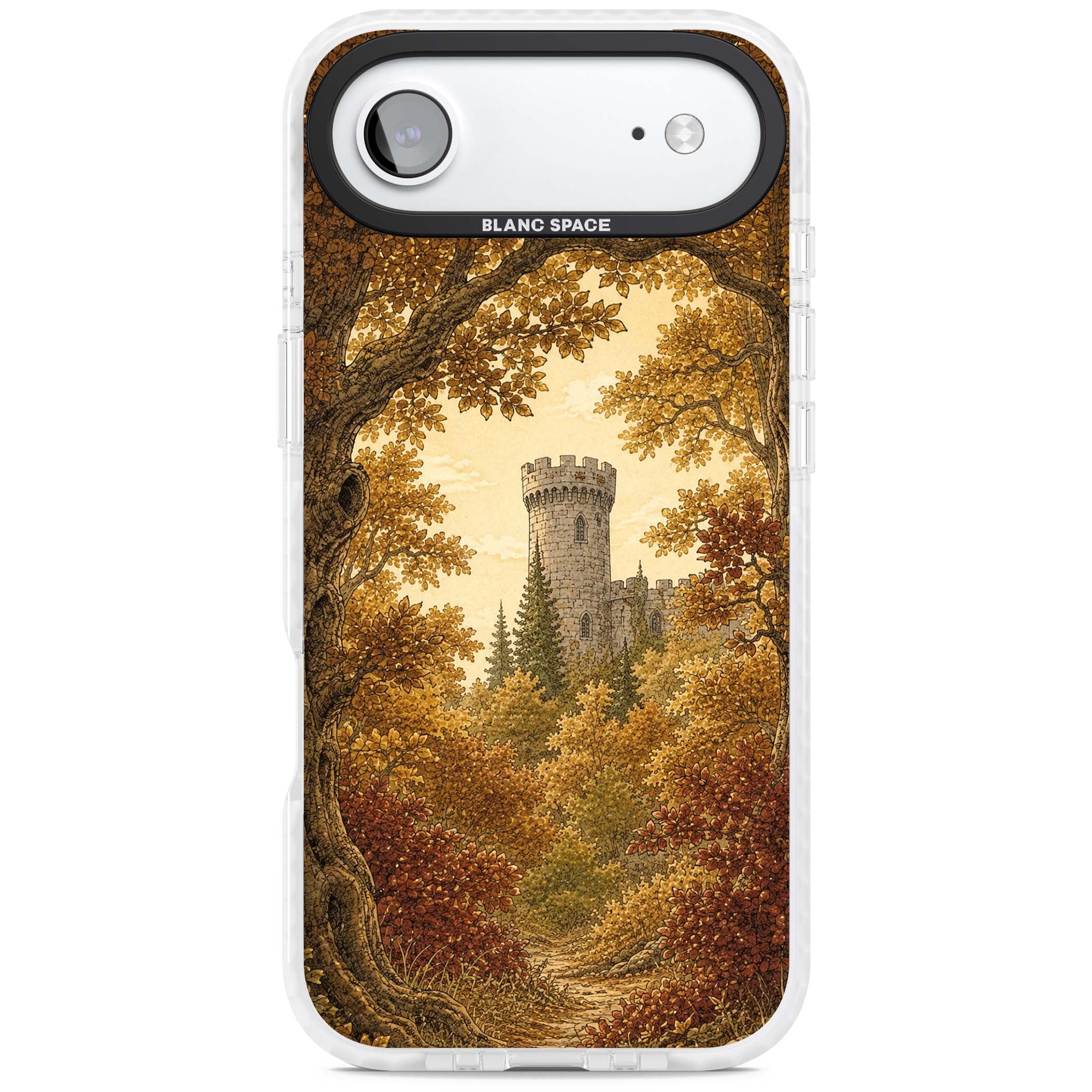 Autumn Keep cottagecore iPhone case featuring a medieval castle tower framed by golden autumn trees and woodland foliage | Impact Magsafe case for iPhone Air