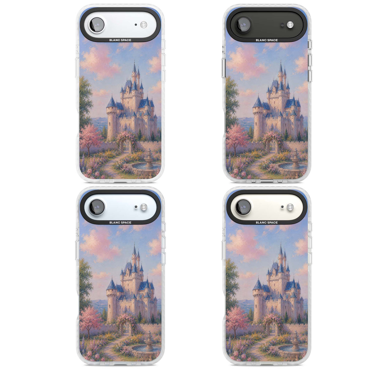 Enchanted Kingdom fairytale iPhone case featuring a romantic castle painting with cherry blossoms and pastel pink sky | Impact Magsafe case for iPhone Air