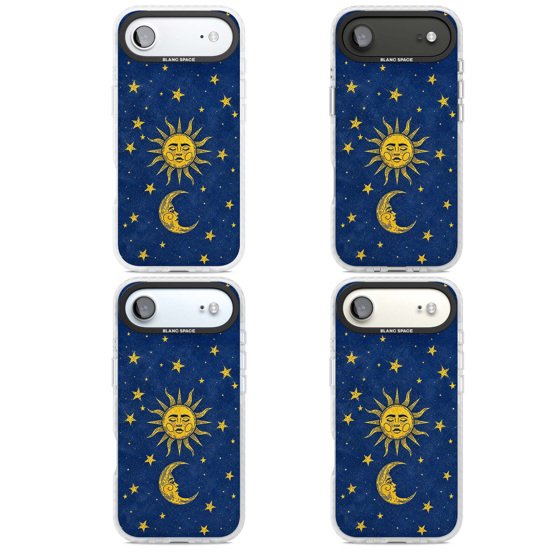 Sun & Moon Reverie celestial iPhone case featuring a vintage golden sun, crescent moon and scattered stars on midnight blue | Impact Magsafe case for iPhone Air