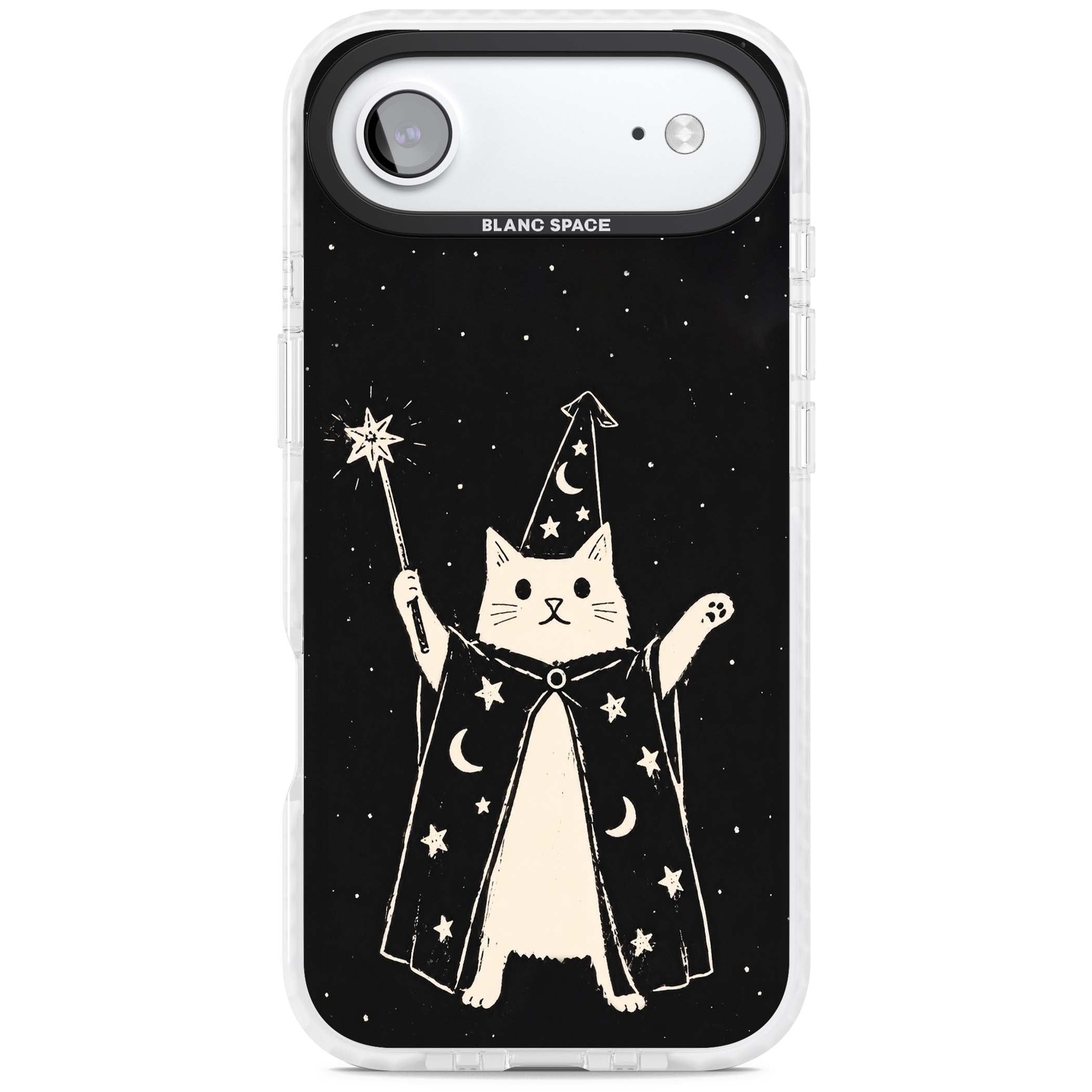 Whisker Wizard celestial cat iPhone case featuring a wizard cat with magic wand, starry night sky and crescent moons | Impact Magsafe case for iPhone Air