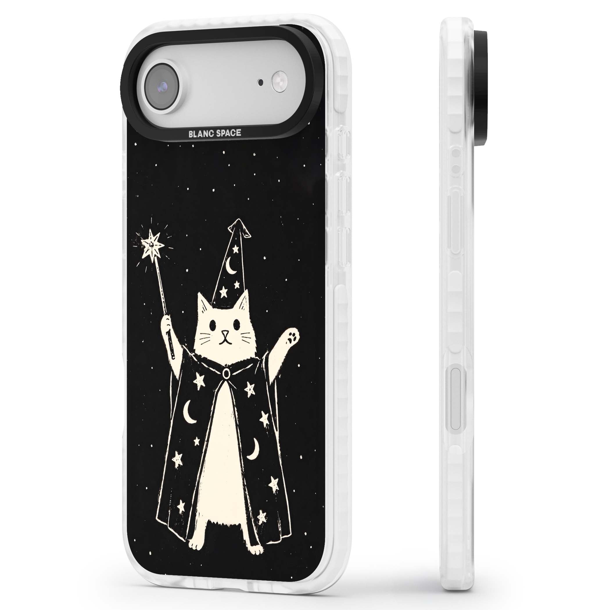 Whisker Wizard celestial cat iPhone case featuring a wizard cat with magic wand, starry night sky and crescent moons | Impact Magsafe case for iPhone Air