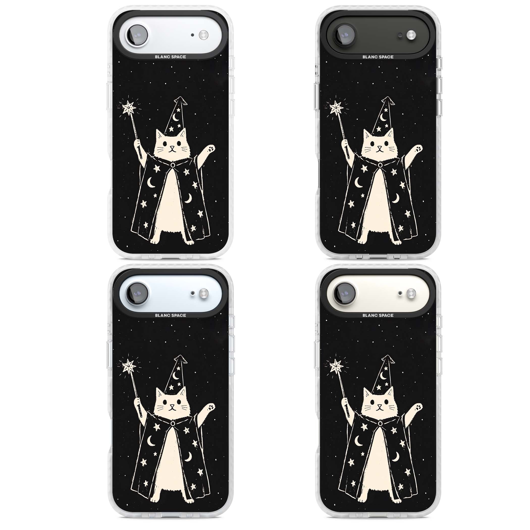 Whisker Wizard celestial cat iPhone case featuring a wizard cat with magic wand, starry night sky and crescent moons | Impact Magsafe case for iPhone Air