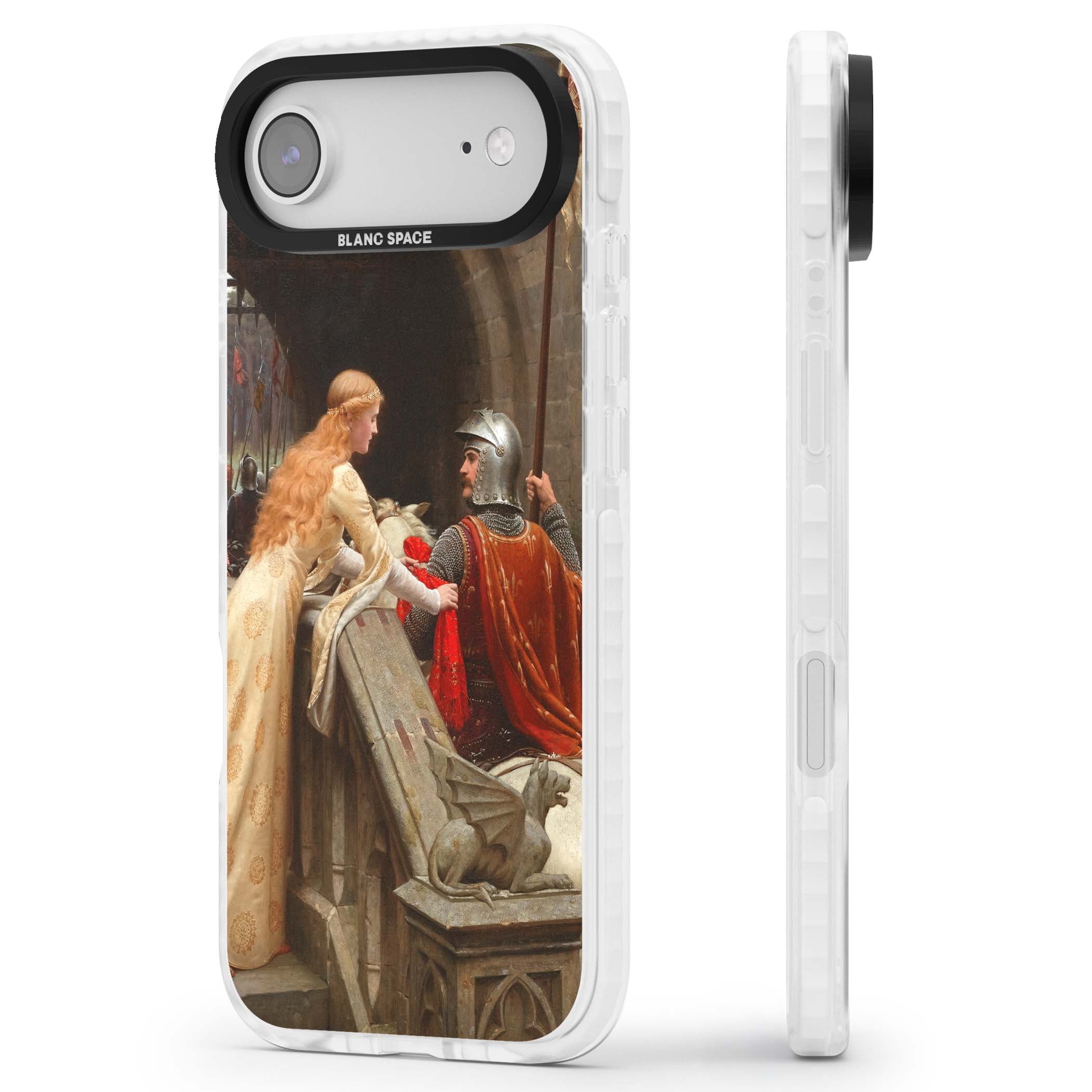 God Speed fine art iPhone case featuring Edmund Blair Leighton's medieval knight and lady beneath a stone archway | Impact Magsafe case for iPhone Air