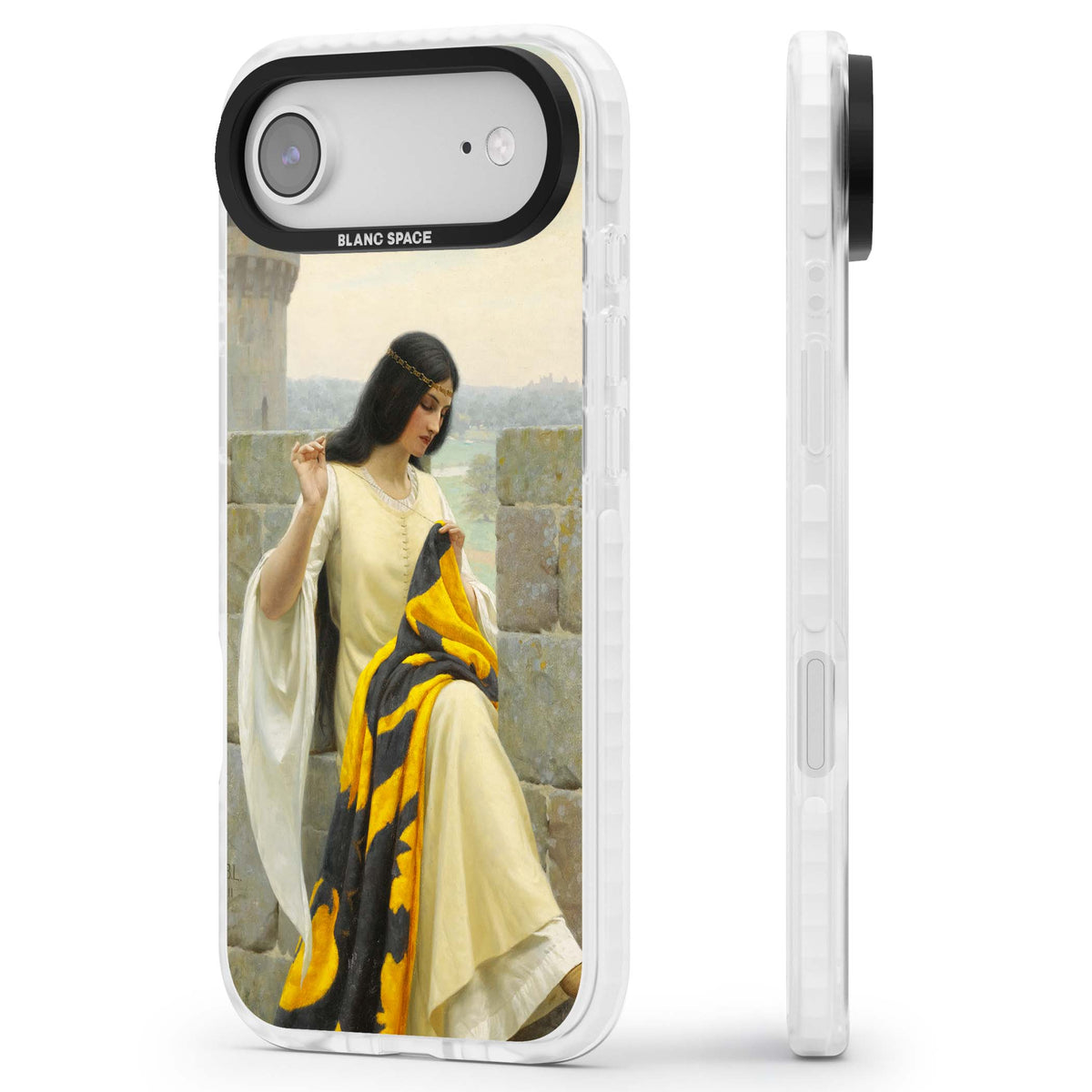 Stitching the Standard renaissance art iPhone case featuring a medieval lady sewing a golden banner on a castle wall | Impact Magsafe case for iPhone Air