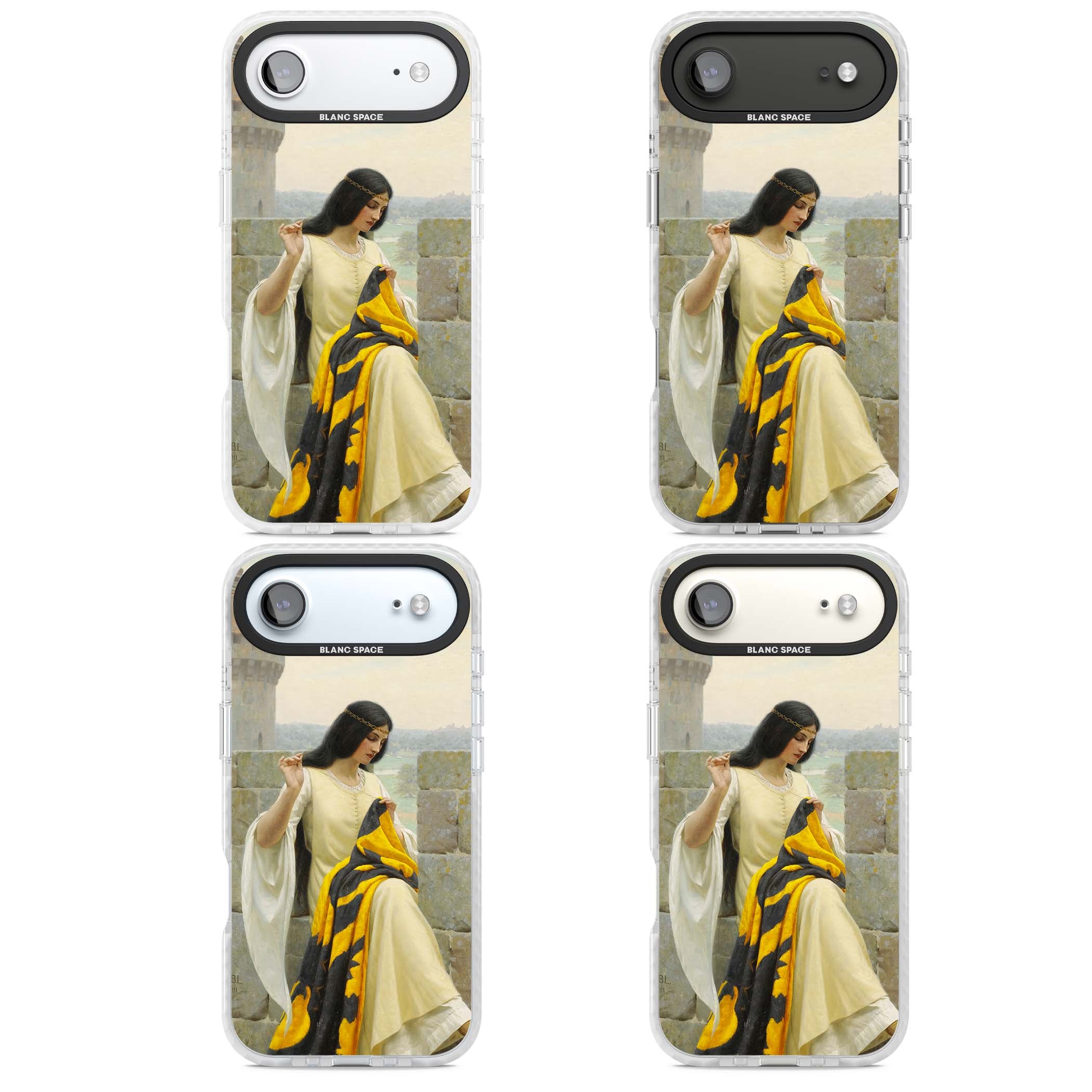 Stitching the Standard renaissance art iPhone case featuring a medieval lady sewing a golden banner on a castle wall | Impact Magsafe case for iPhone Air