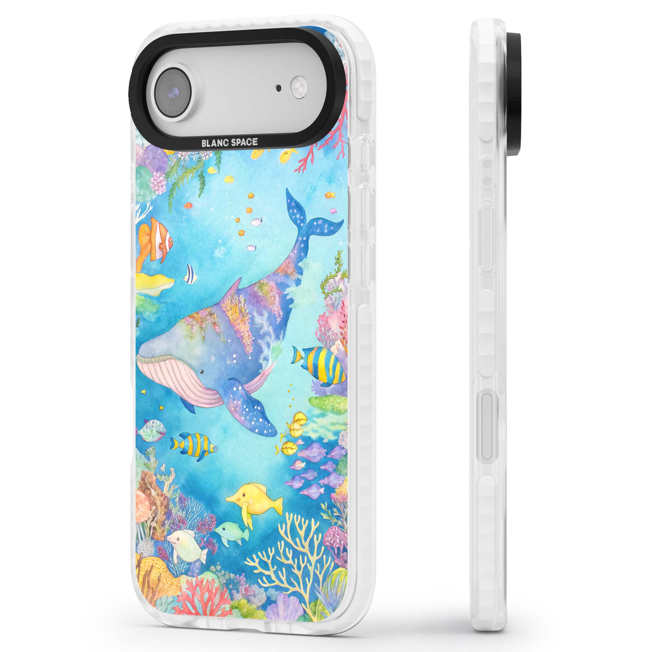 Coral Lagoon ocean iPhone case featuring a watercolour whale, coral reef and tropical fish | Impact Magsafe case for iPhone Air