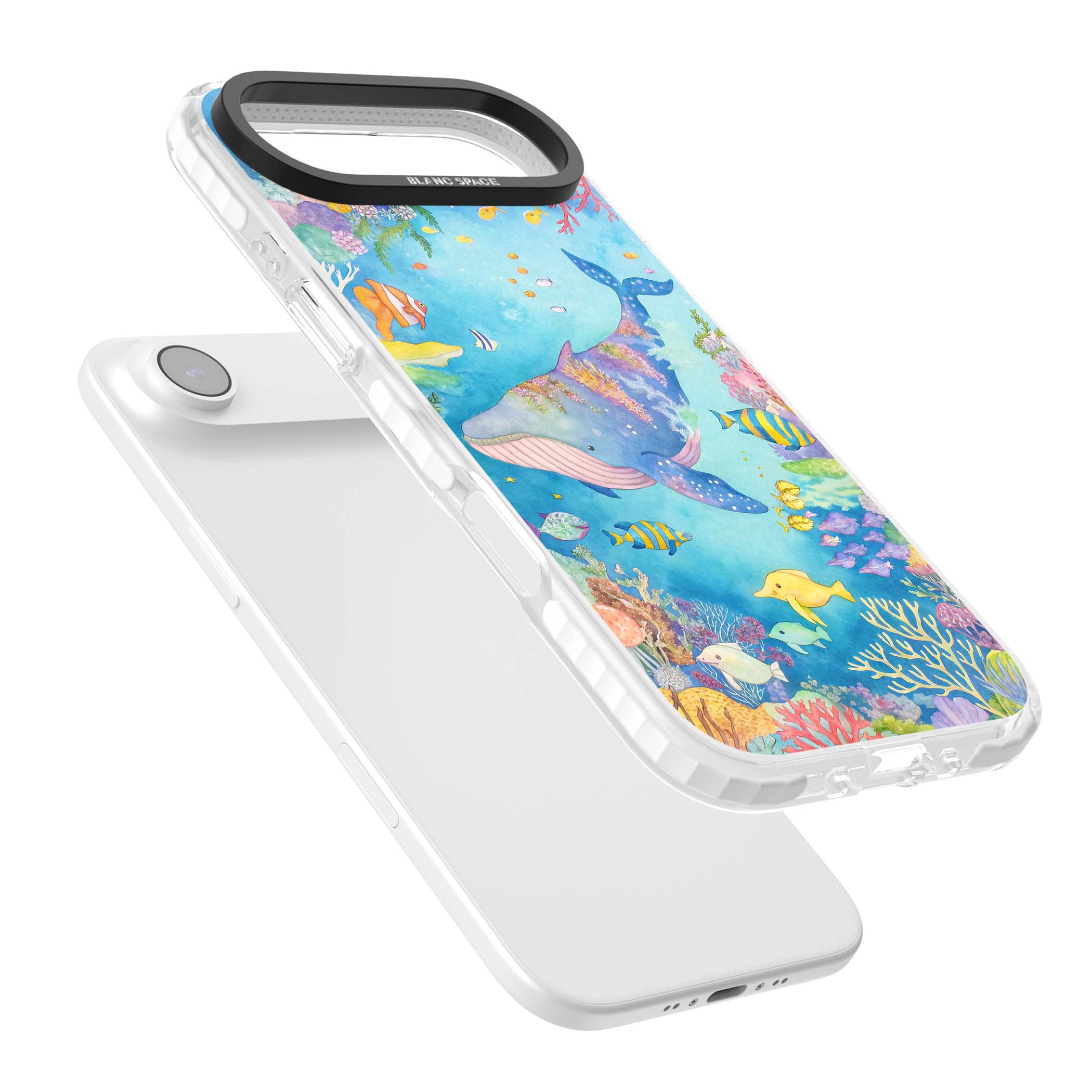 Coral Lagoon ocean iPhone case featuring a watercolour whale, coral reef and tropical fish | Impact Magsafe case for iPhone Air