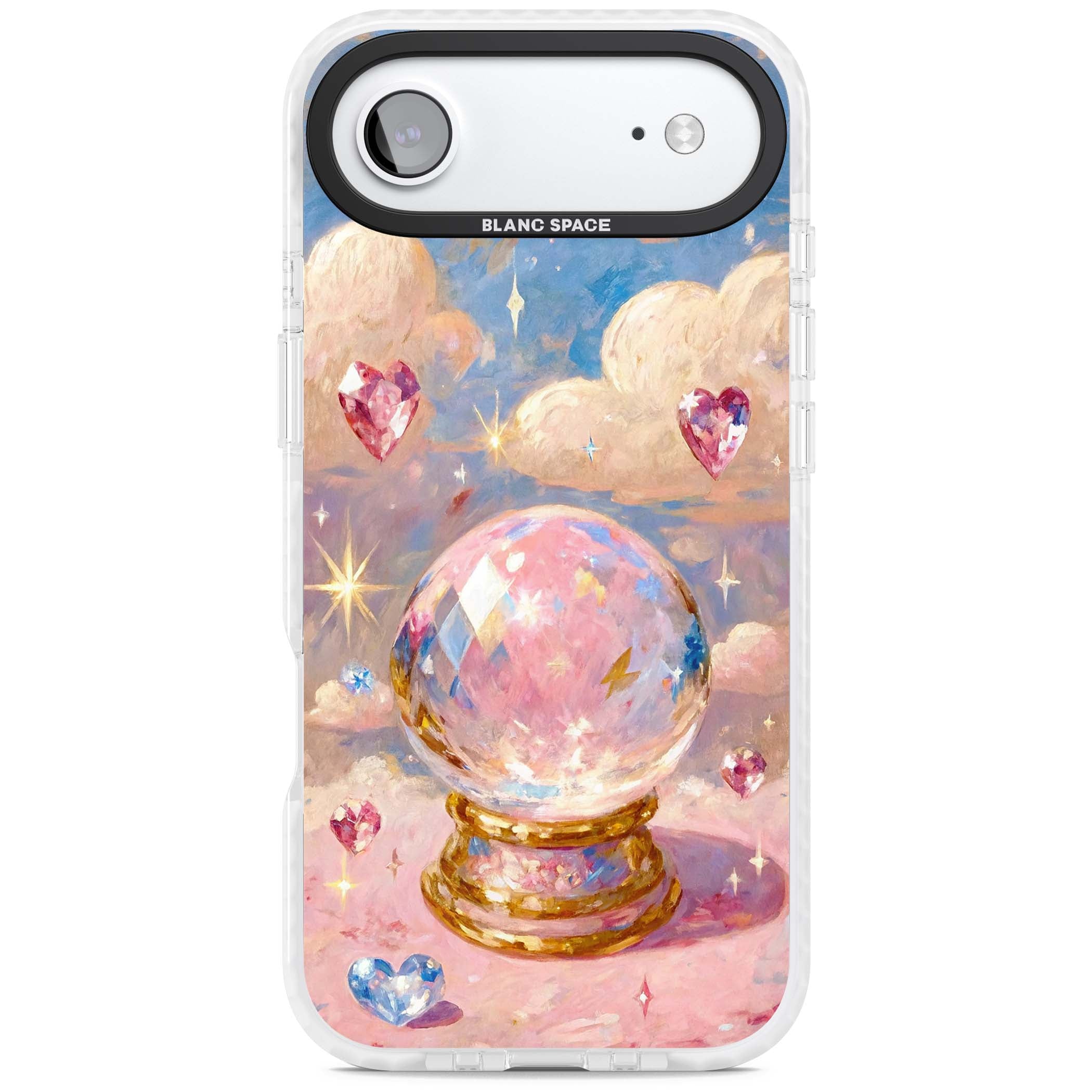 Crystal Ball fairycore iPhone case featuring a painted crystal ball, heart gemstones, and pastel clouds | Impact Magsafe case for iPhone Air
