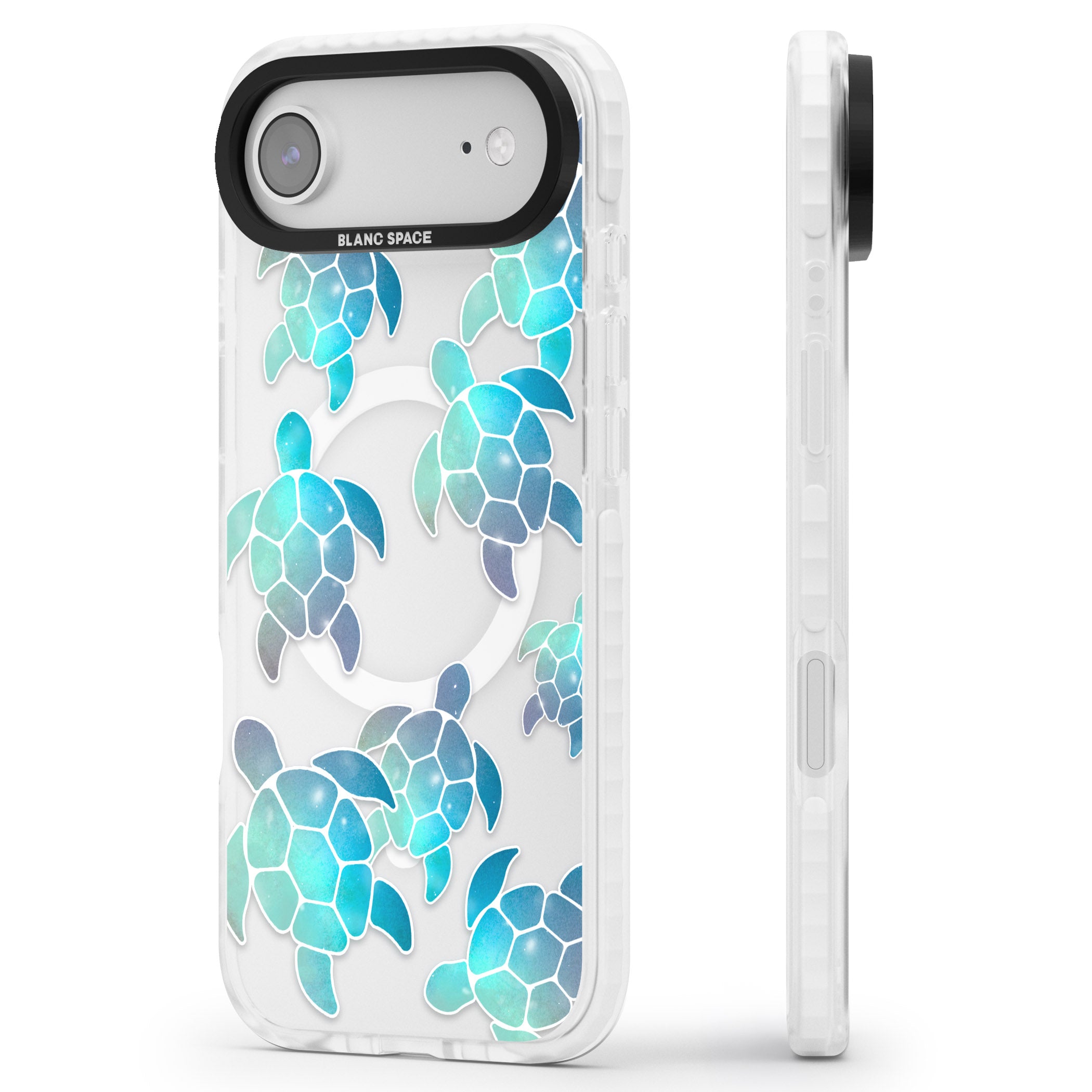 Aqua Space Turtles iPhone 17 Air Impact Pro Clear Phone Case Side Profile