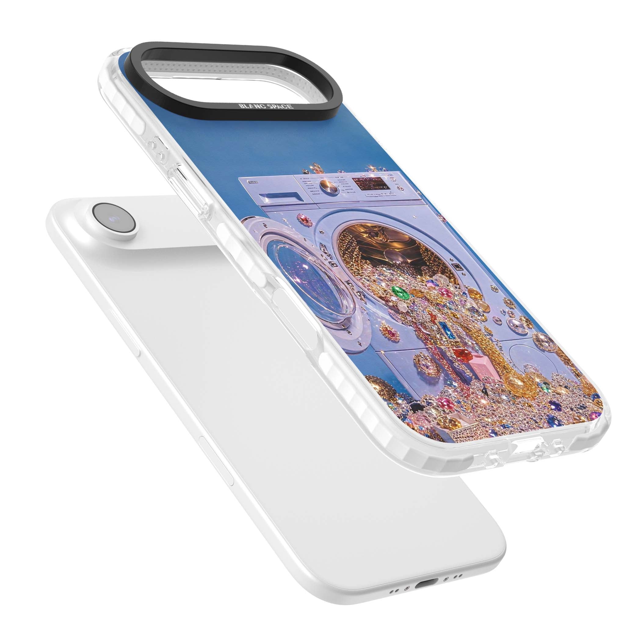 Gem Laundry baddie iPhone case featuring a surreal washing machine overflowing with colourful gemstones and crystals | Impact Magsafe case for iPhone Air