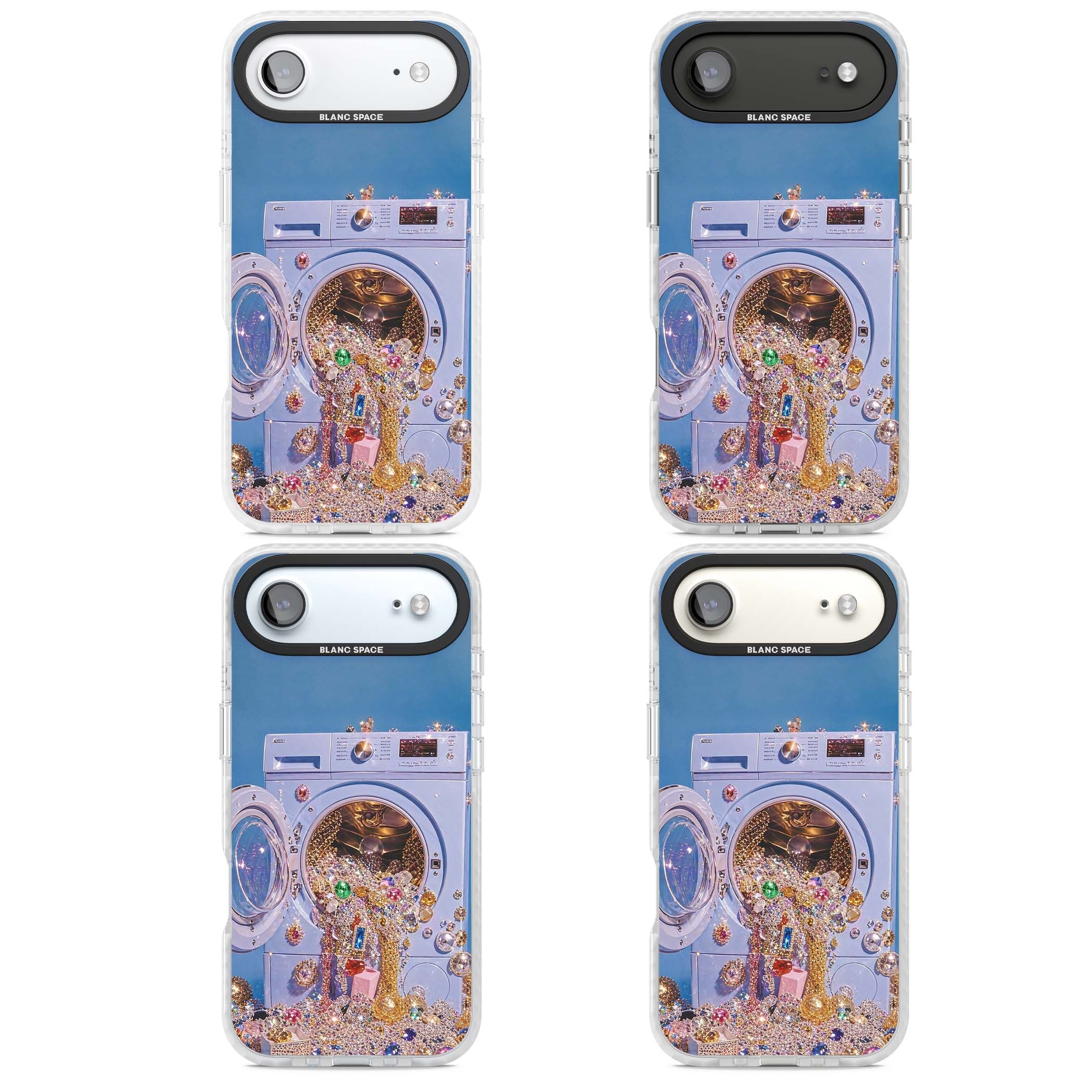 Gem Laundry baddie iPhone case featuring a surreal washing machine overflowing with colourful gemstones and crystals | Impact Magsafe case for iPhone Air
