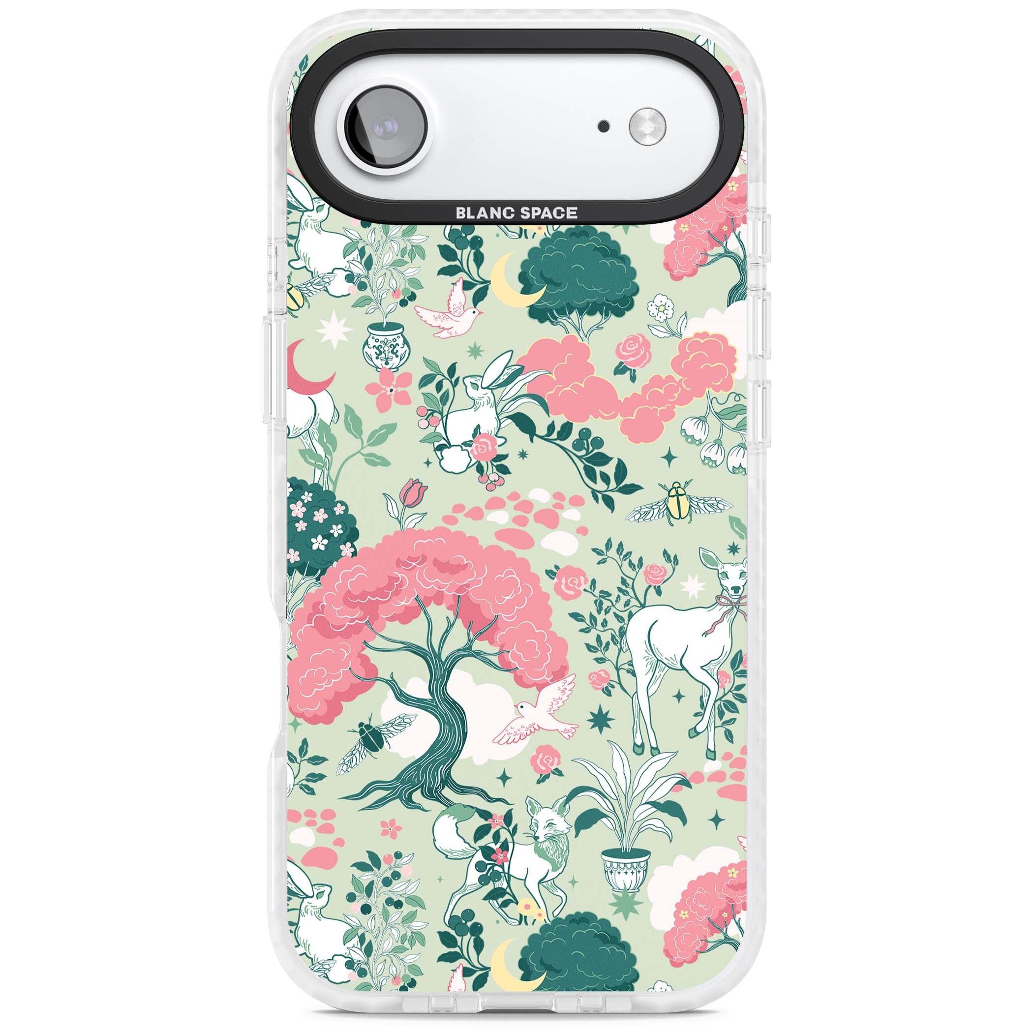 Enchanted Woodland cottagecore iPhone case featuring white deer, pink roses, mushrooms and woodland animals on sage green | Impact Magsafe case for iPhone Air