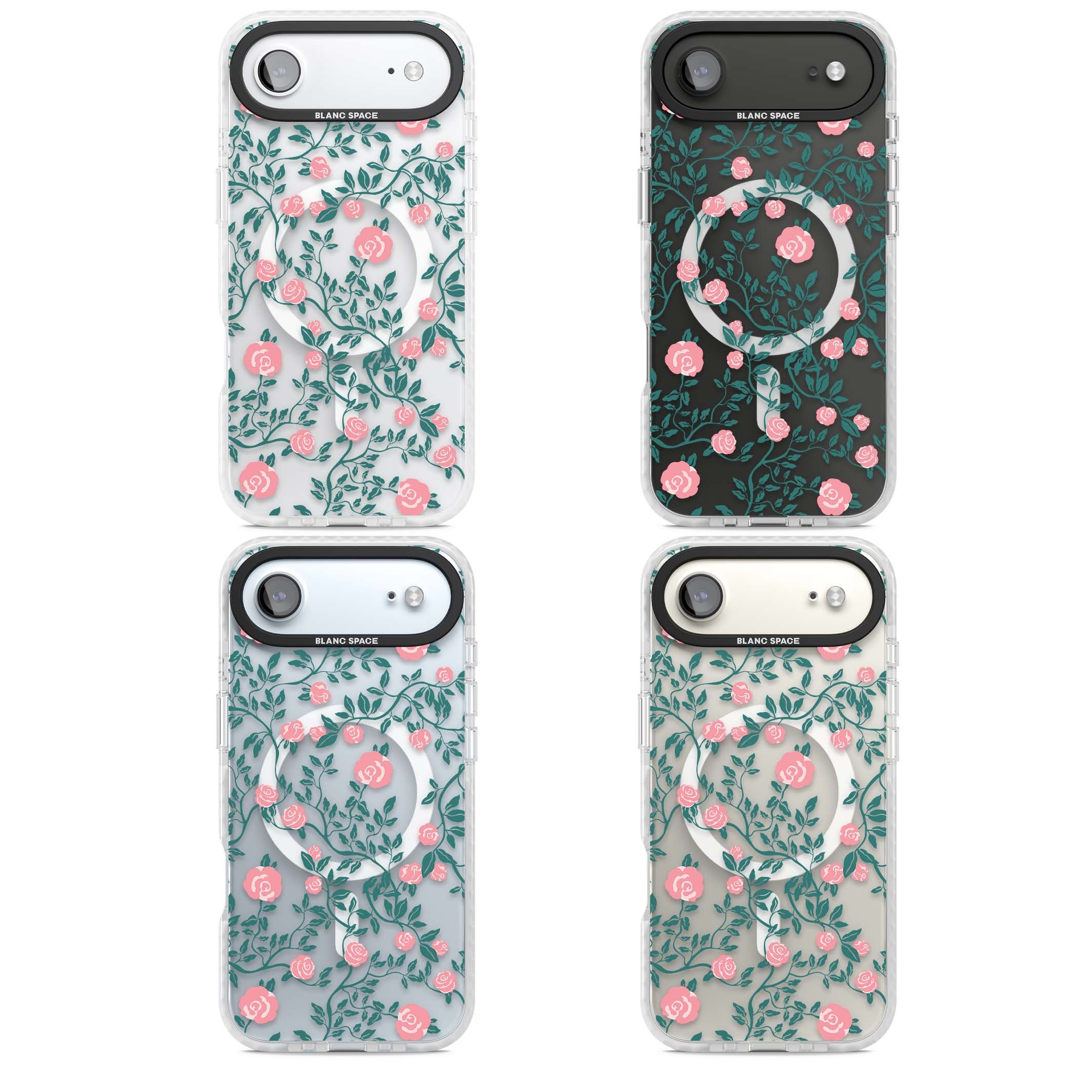 Rose Trellis (Clear) cottagecore iPhone case featuring pink climbing roses and green leaves on clear background | Impact Magsafe case for iPhone Air