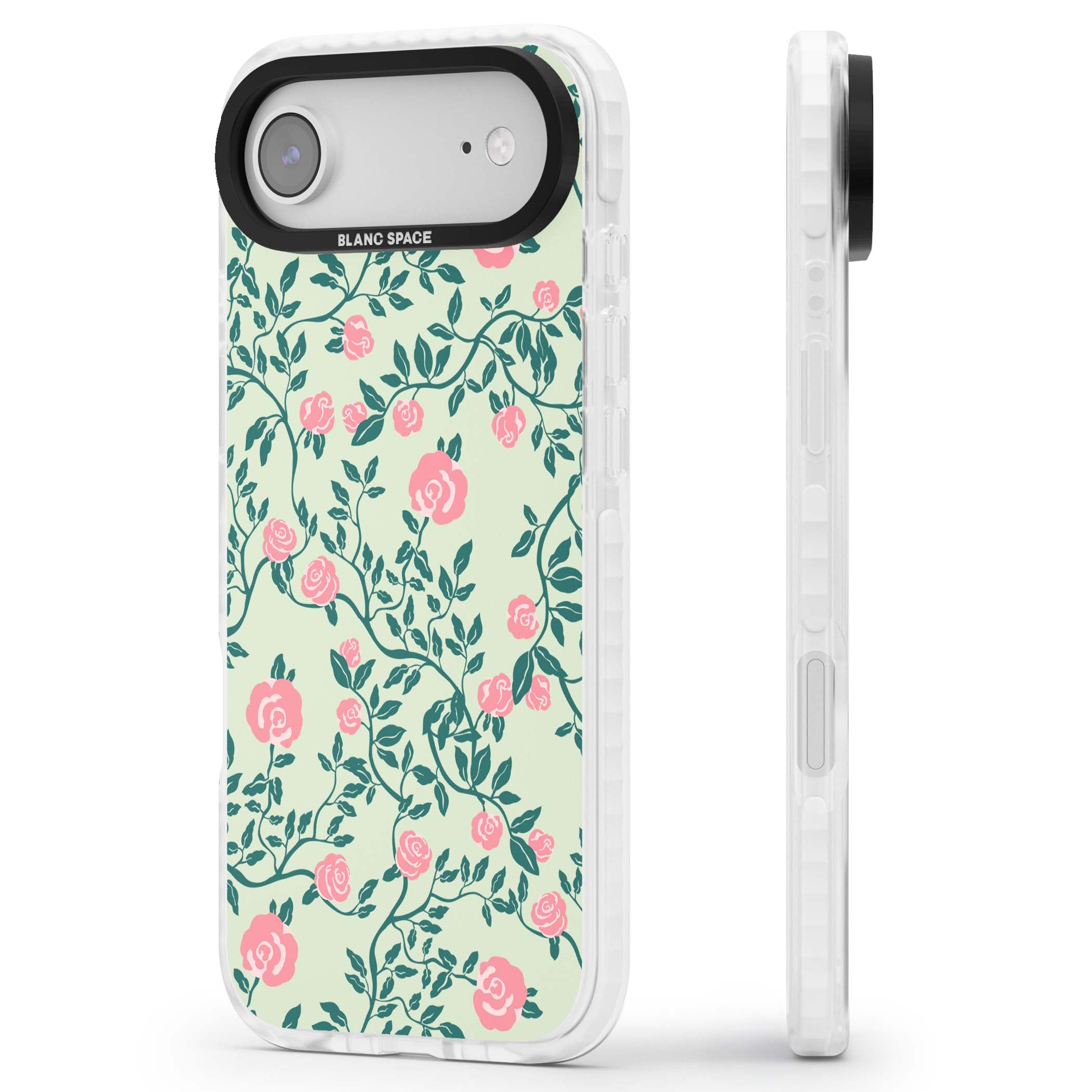 Rose Trellis cottagecore iPhone case featuring pink roses, sage green vines, and mint background | Impact Magsafe case for iPhone Air