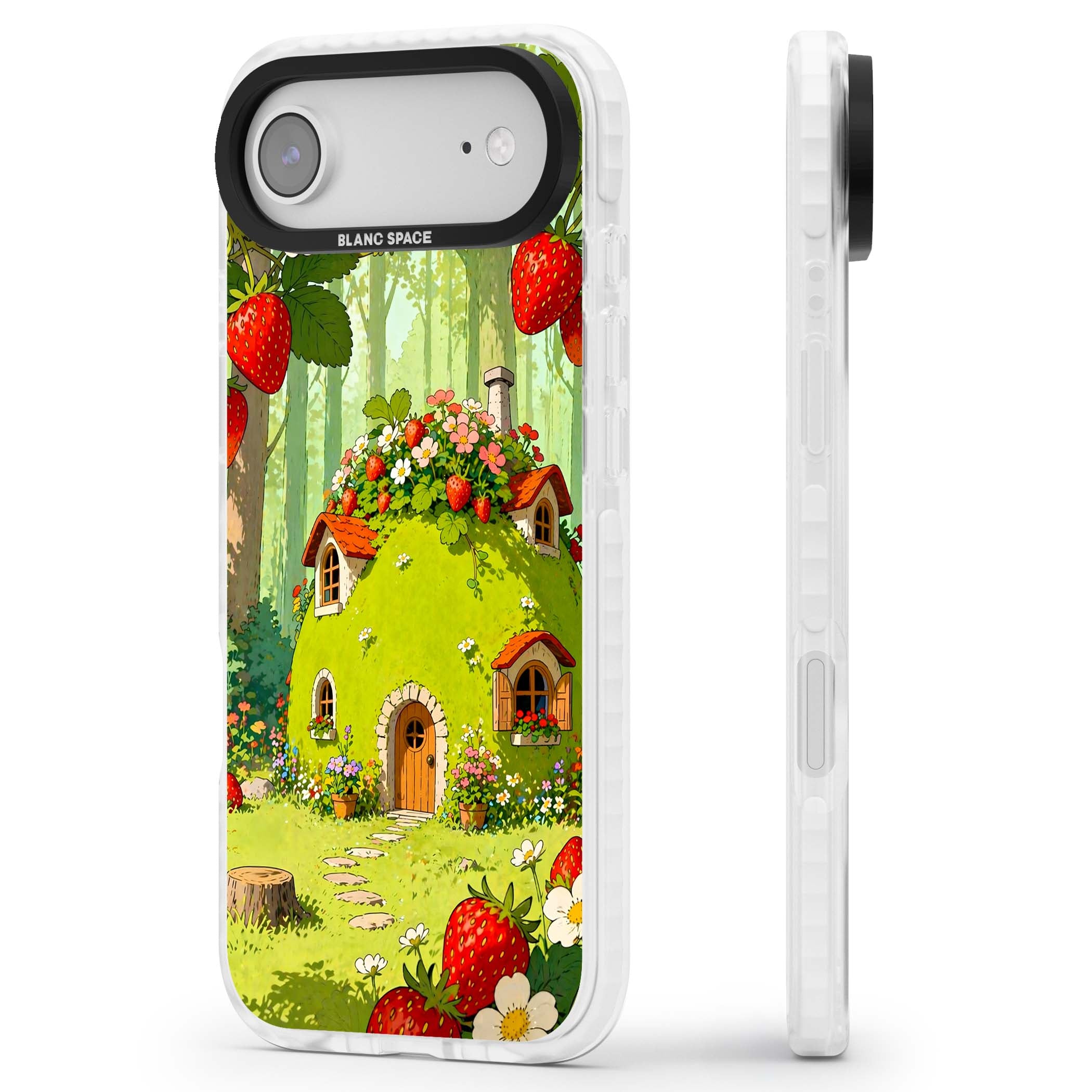 Strawberry Cottage cottagecore iPhone case featuring a green fairy house, wild strawberries and enchanted forest flowers | Impact Magsafe case for iPhone Air