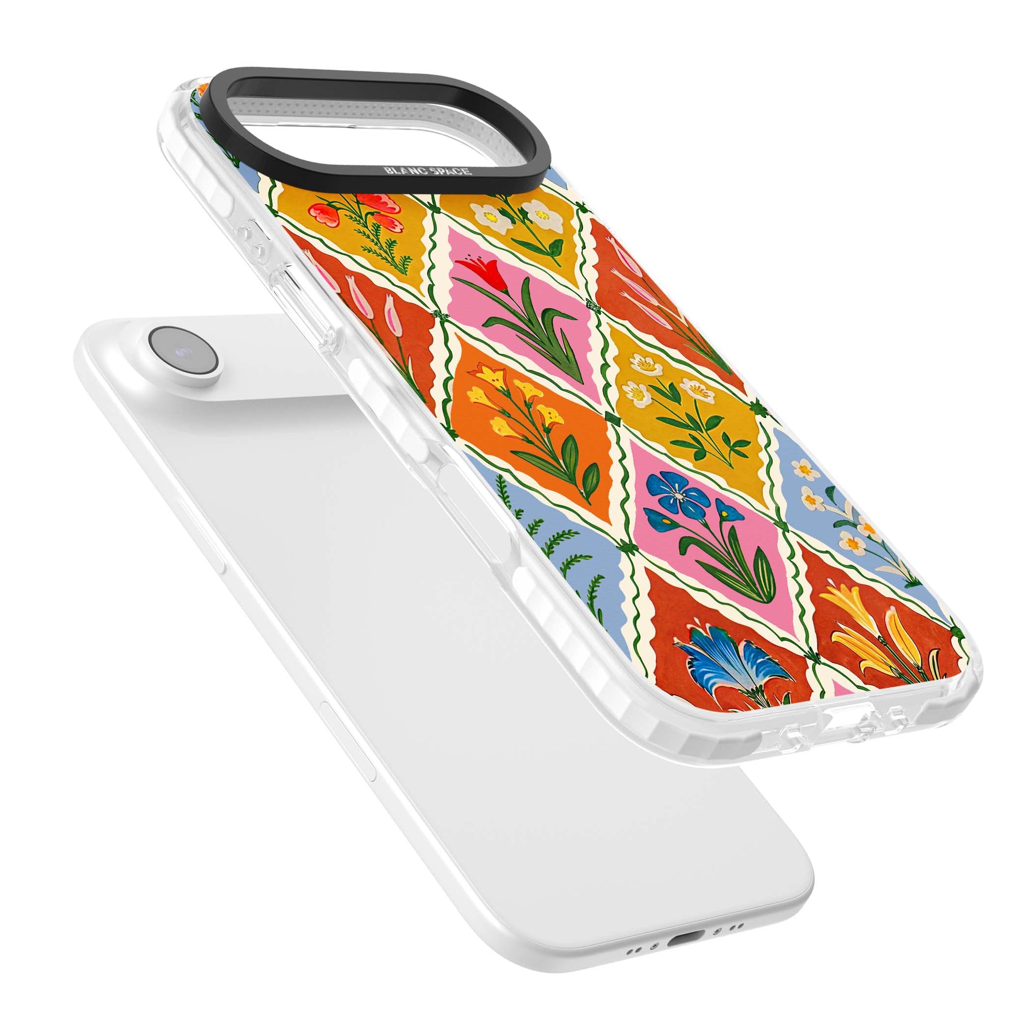 Floral Quilt boho floral iPhone case featuring diamond lattice pattern, hand-painted tulips and folk art wildflowers | Impact Magsafe case for iPhone Air