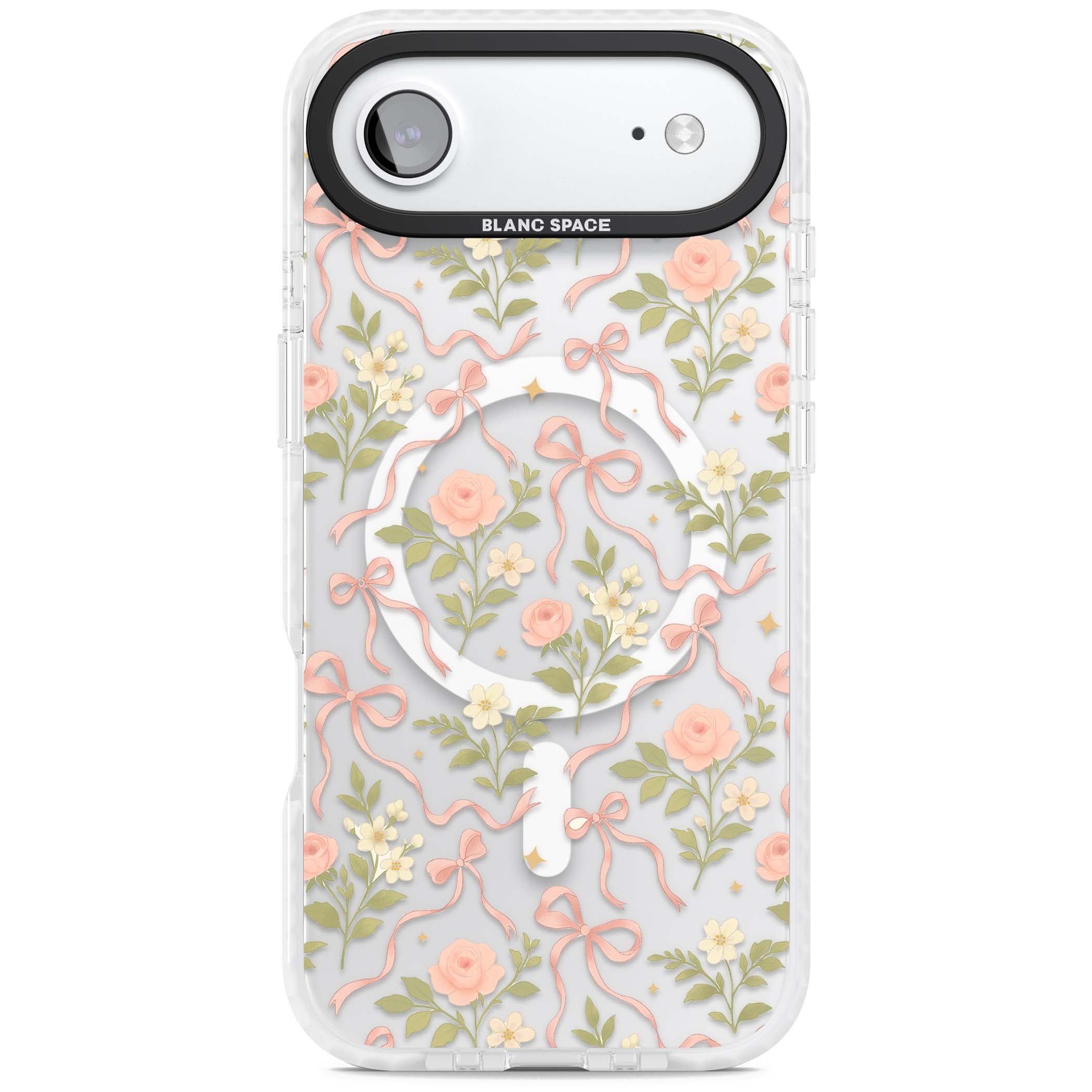 Ribbon Garden coquette iPhone case featuring pink bows, peach roses and wildflowers on white background | Impact Magsafe case for iPhone Air