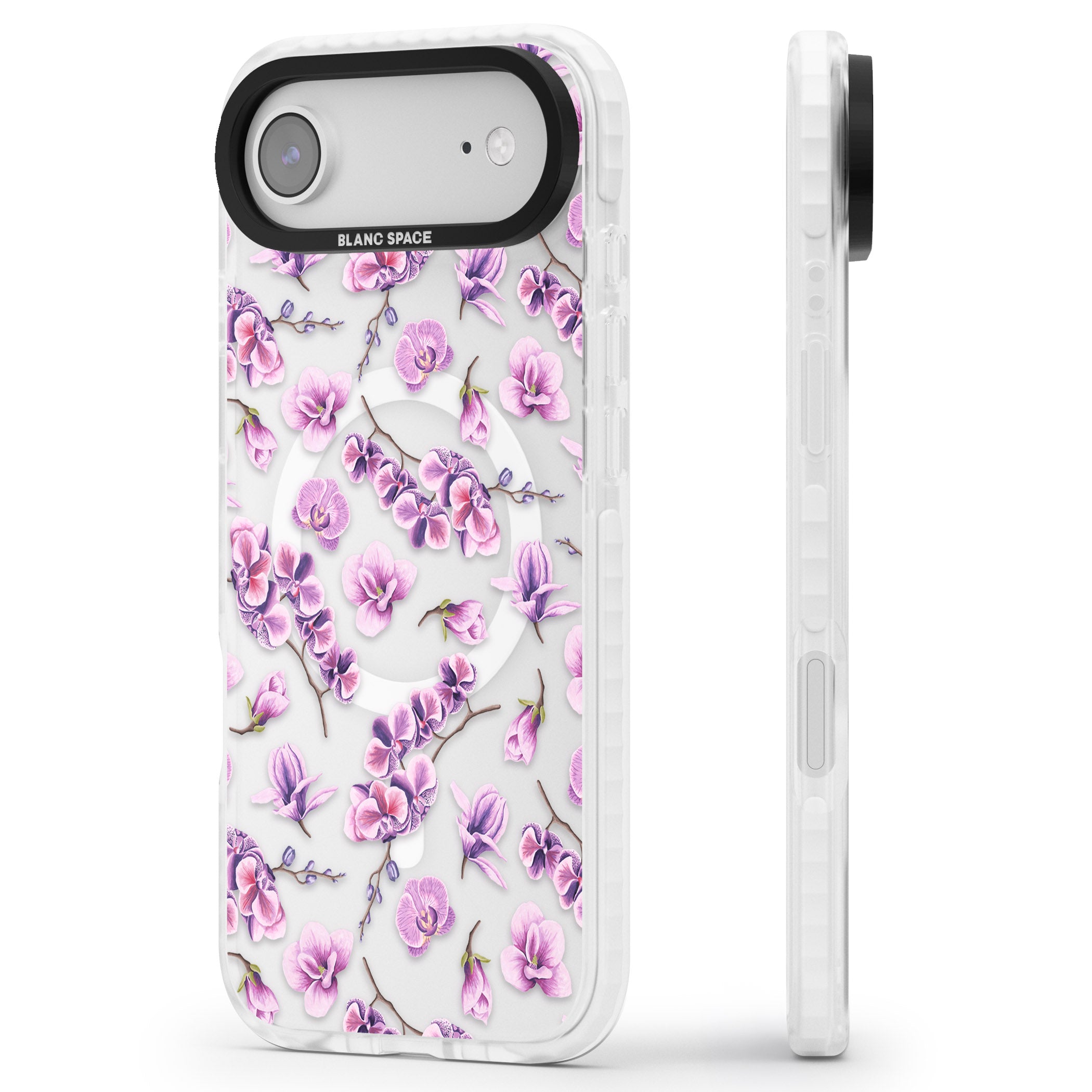 Purple Orchids Floral iPhone 17 Air Impact Pro Clear Phone Case Side Profile