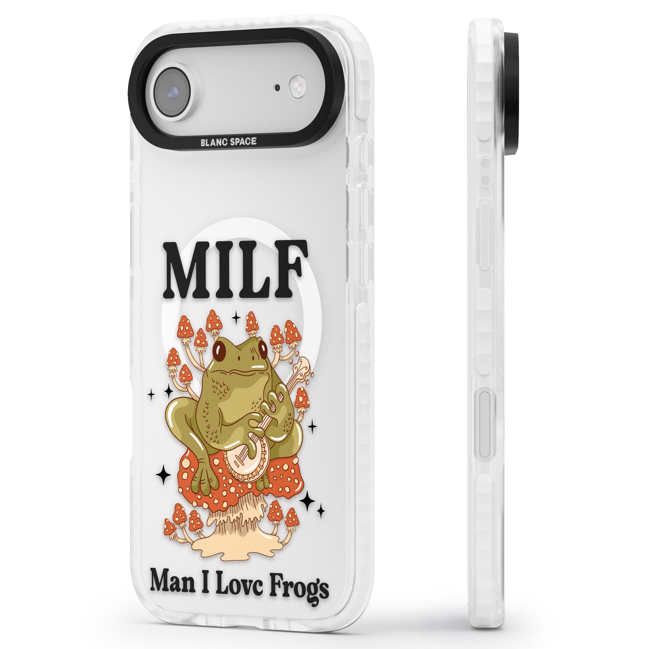 Man I Love Frogs iPhone 17 Air Impact Pro Clear Phone Case Side Profile
