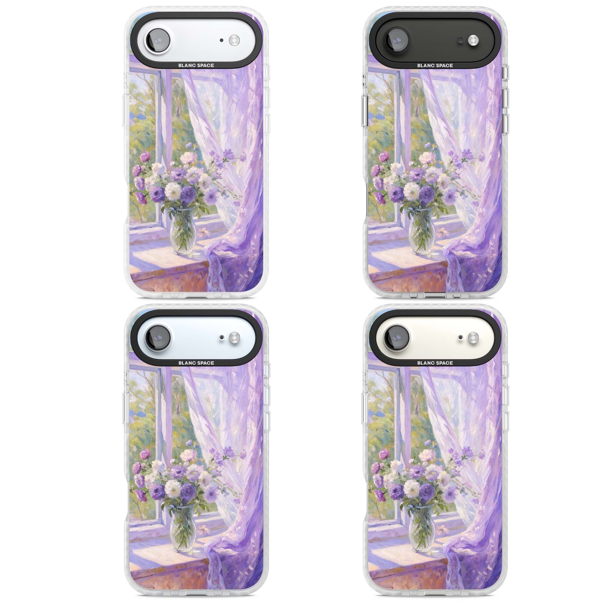 A Provence Morning impressionist art iPhone case featuring a vase of purple flowers, sunlit window and sheer curt | Impact Magsafe case for iPhone Air