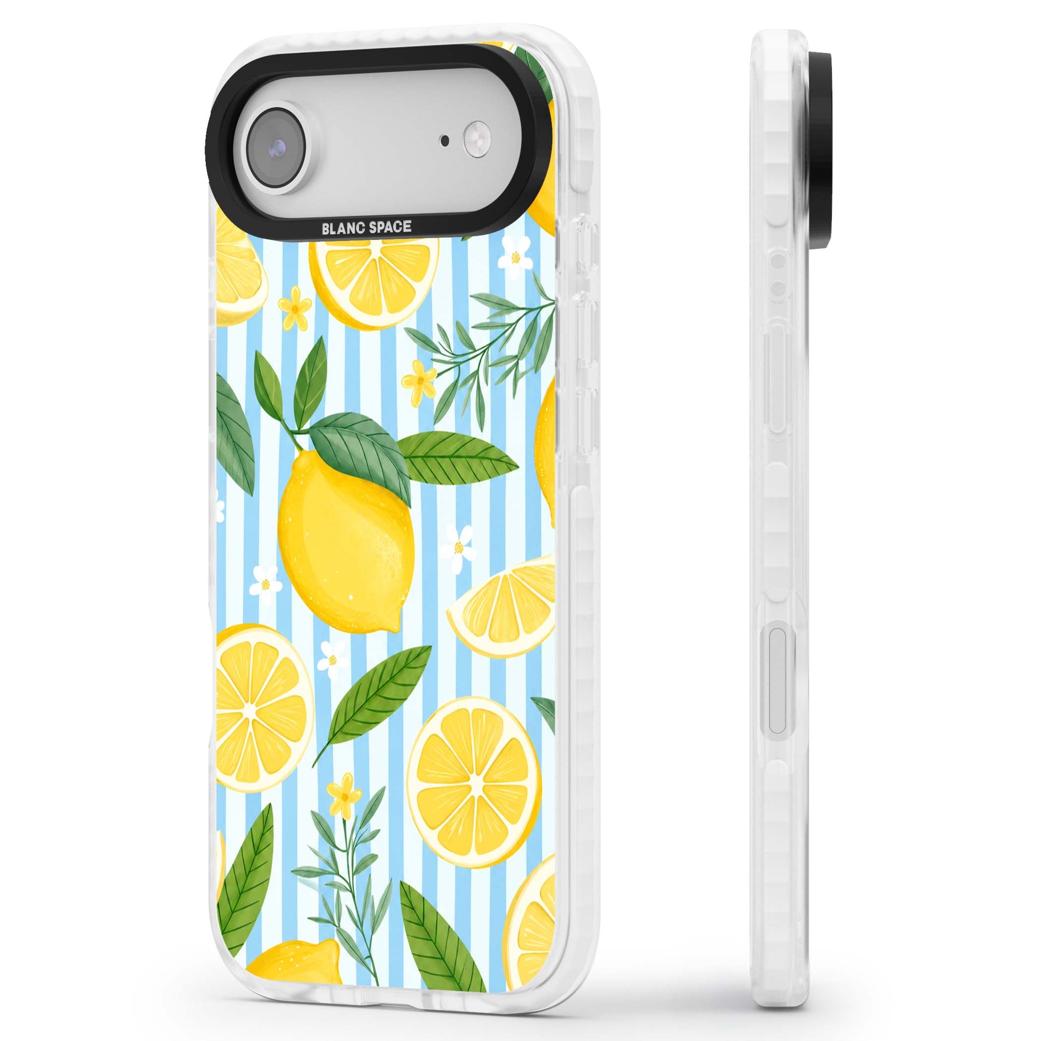 Capri Citrus Stripe coastal iPhone case featuring yellow lemons, blue stripes, and white daisy blossoms | Impact Magsafe case for iPhone Air