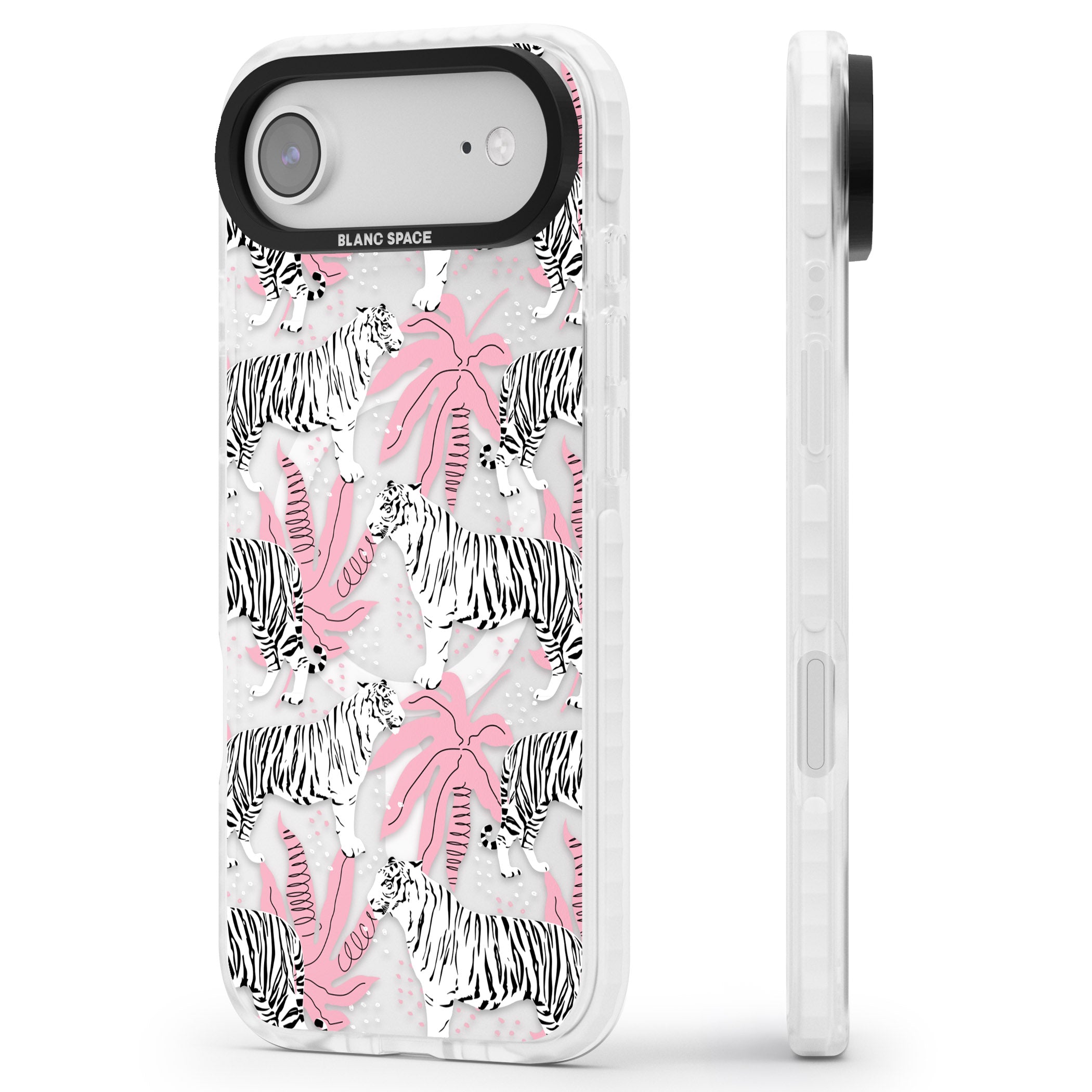 Pink & White Tropical Tigers iPhone 17 Air Impact Pro Clear Phone Case Side Profile