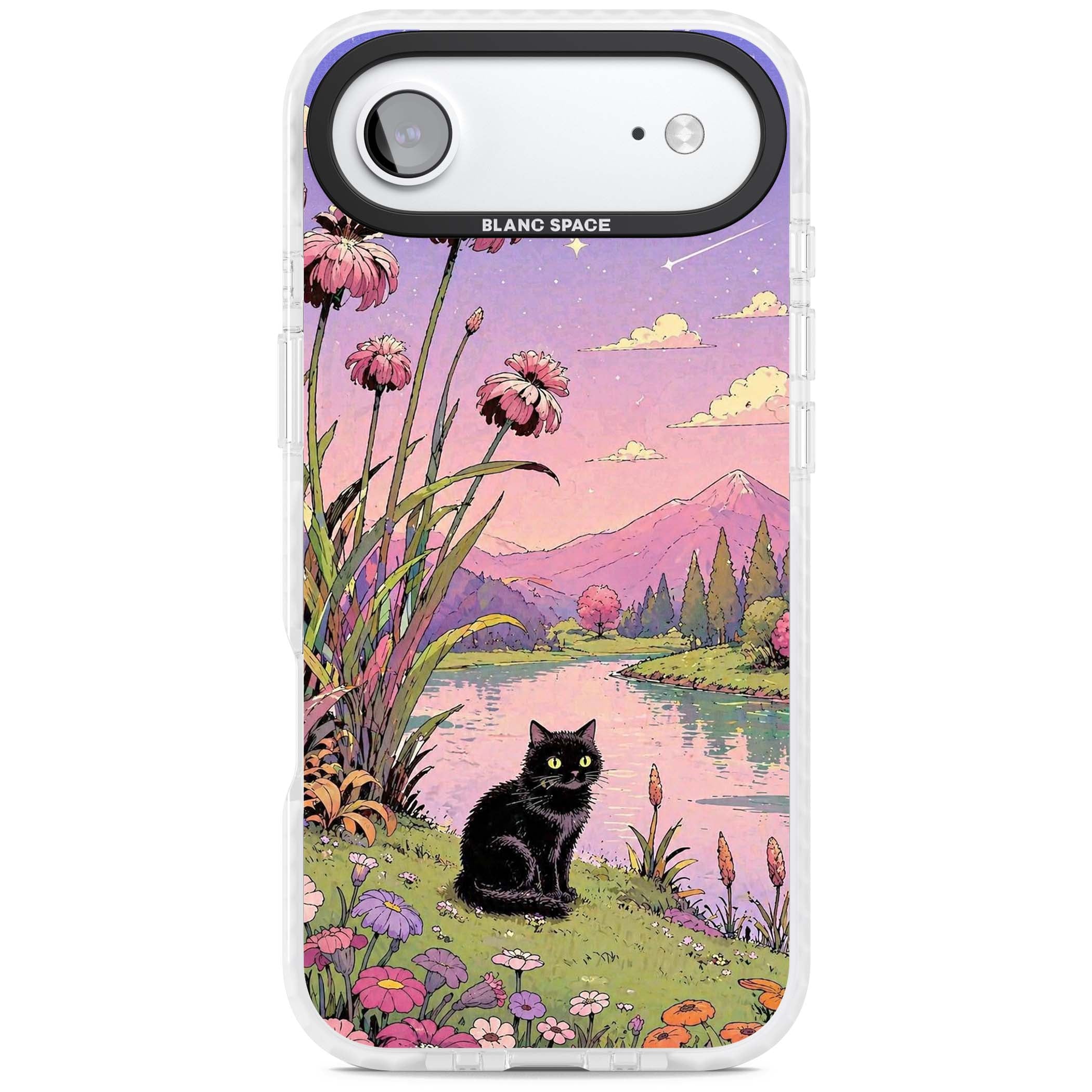 Mystic Whiskers ghibli iPhone case featuring a black cat by a pastel lake, wildflowers and a starry sunset sky | Impact Magsafe case for iPhone Air