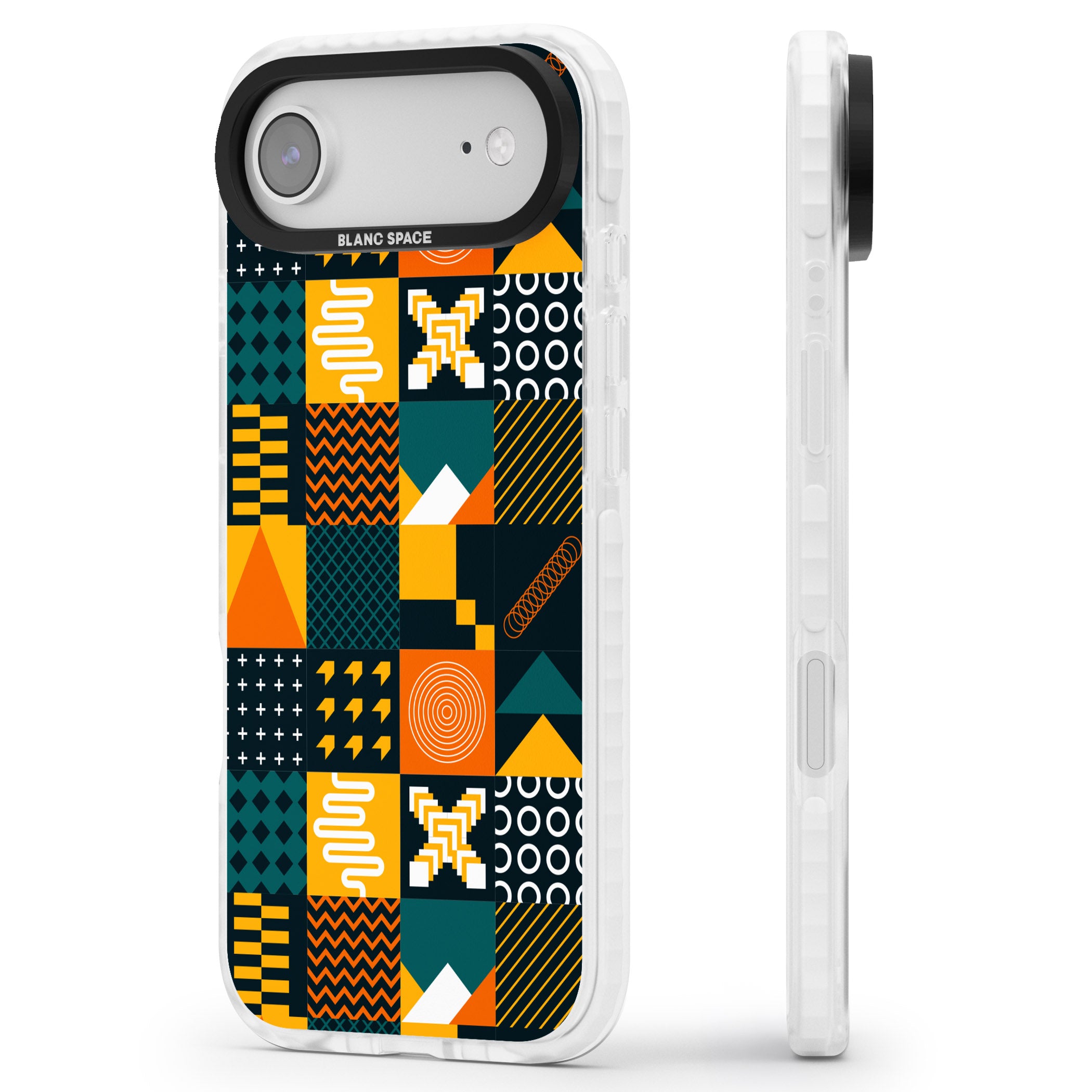 Funky Geometric Patterns: Orange & Dark Green iPhone 17 Air Impact Pro Clear Phone Case Side Profile