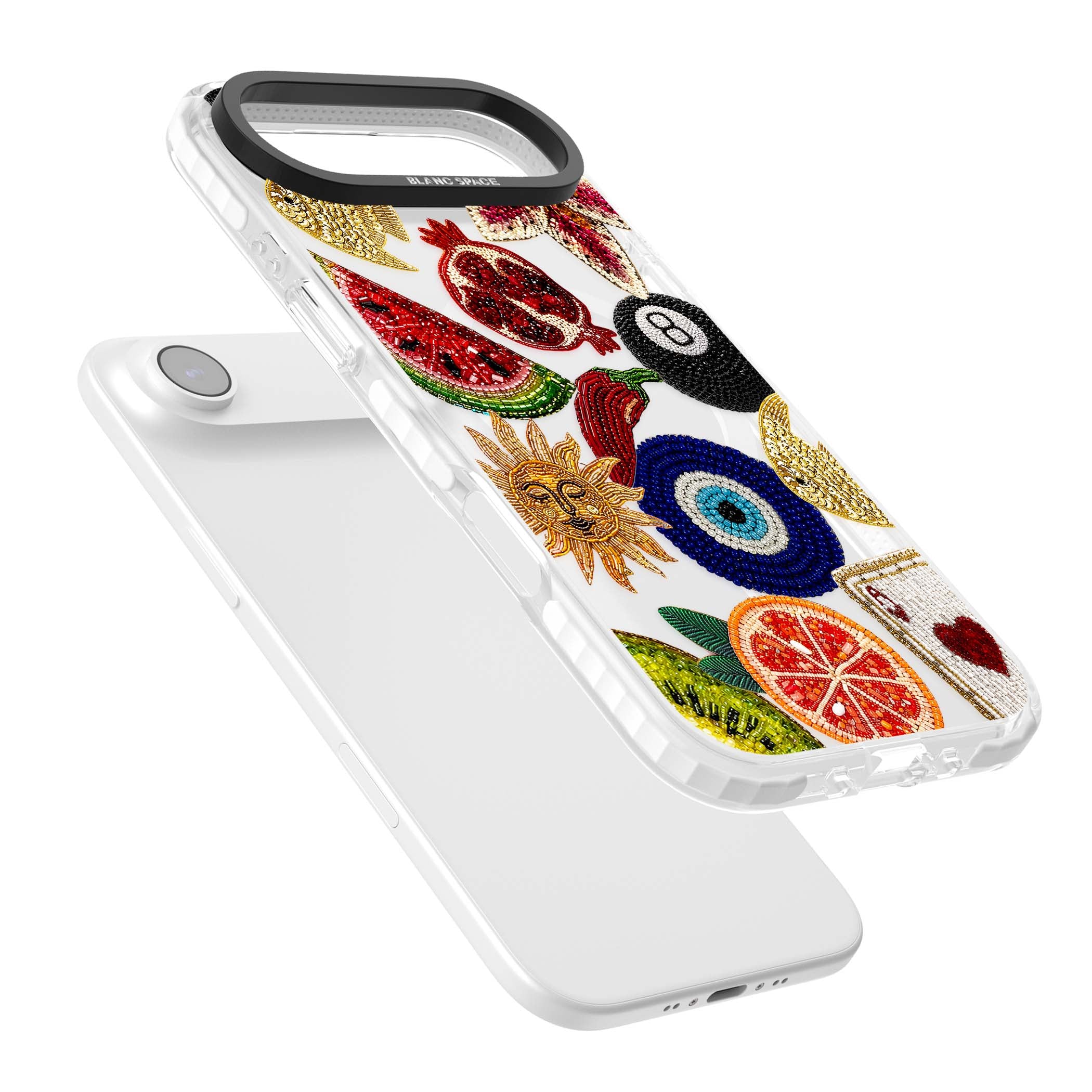 Beaded Charms embroidery iPhone case featuring beaded evil eye, fruit patches and a golden sun motif | Impact Magsafe case for iPhone Air