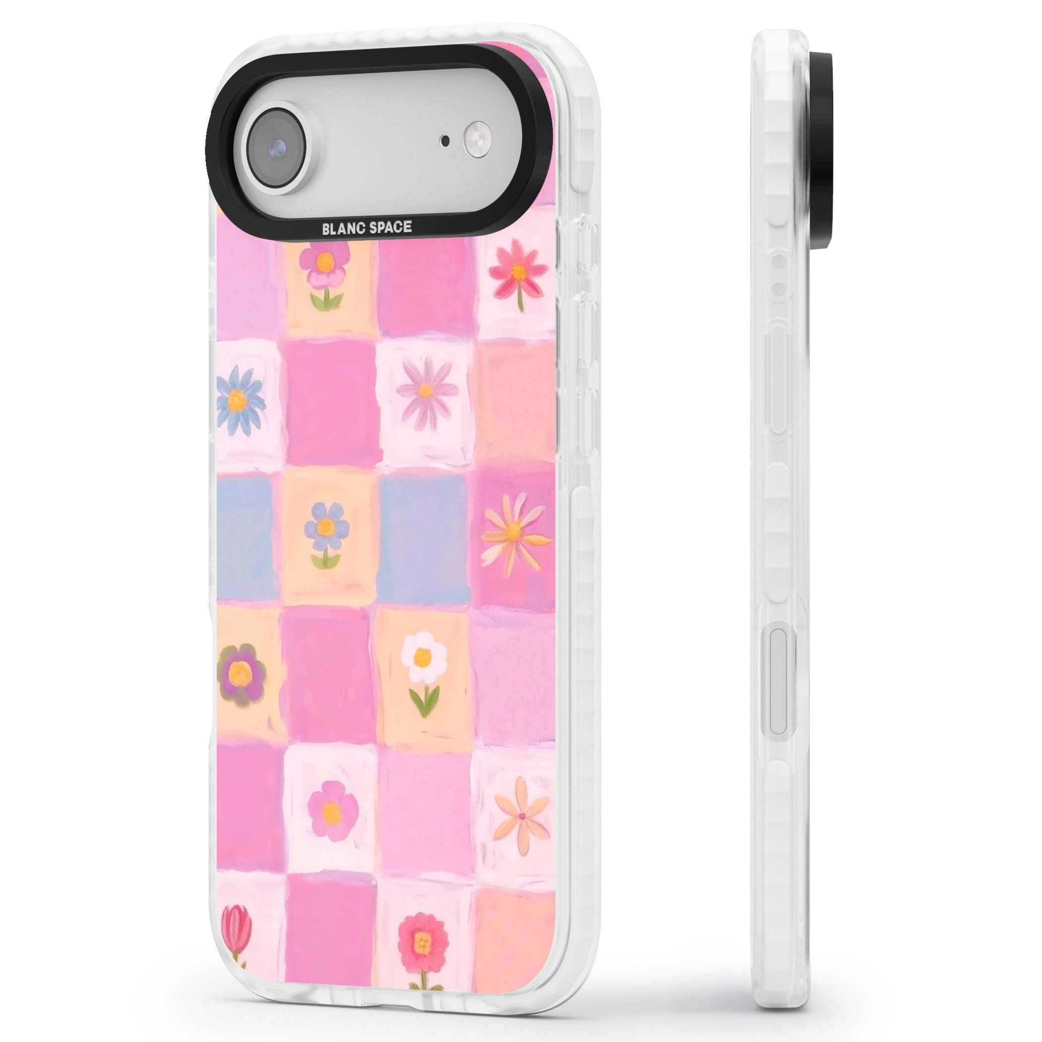Pastel Flower Patchwork cottagecore iPhone case featuring painted pink and lilac squares with daisies and wildflowers | Impact Magsafe case for iPhone Air