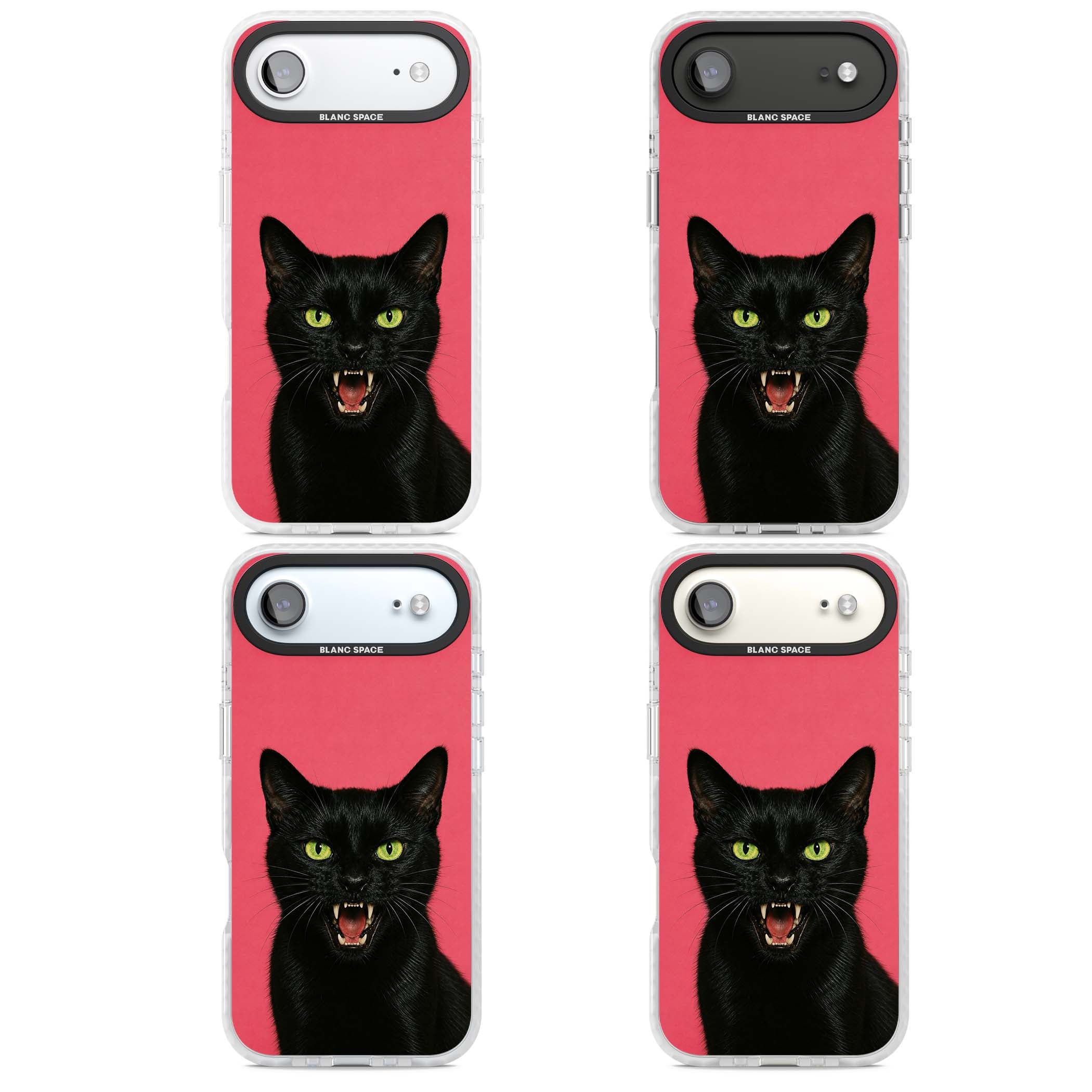 Hissin' Baddie black cat iPhone case featuring a hissing feline with green eyes on a hot pink background | Impact Magsafe case for iPhone Air