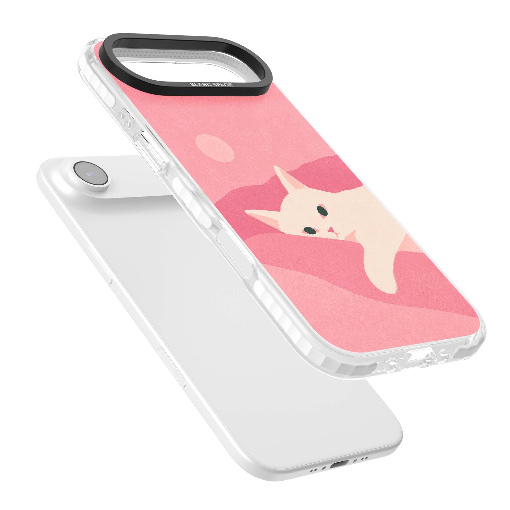 Pink Dreams cute cat iPhone case featuring a white kitten, soft pink hills and a pale pastel sun | Impact Magsafe case for iPhone Air