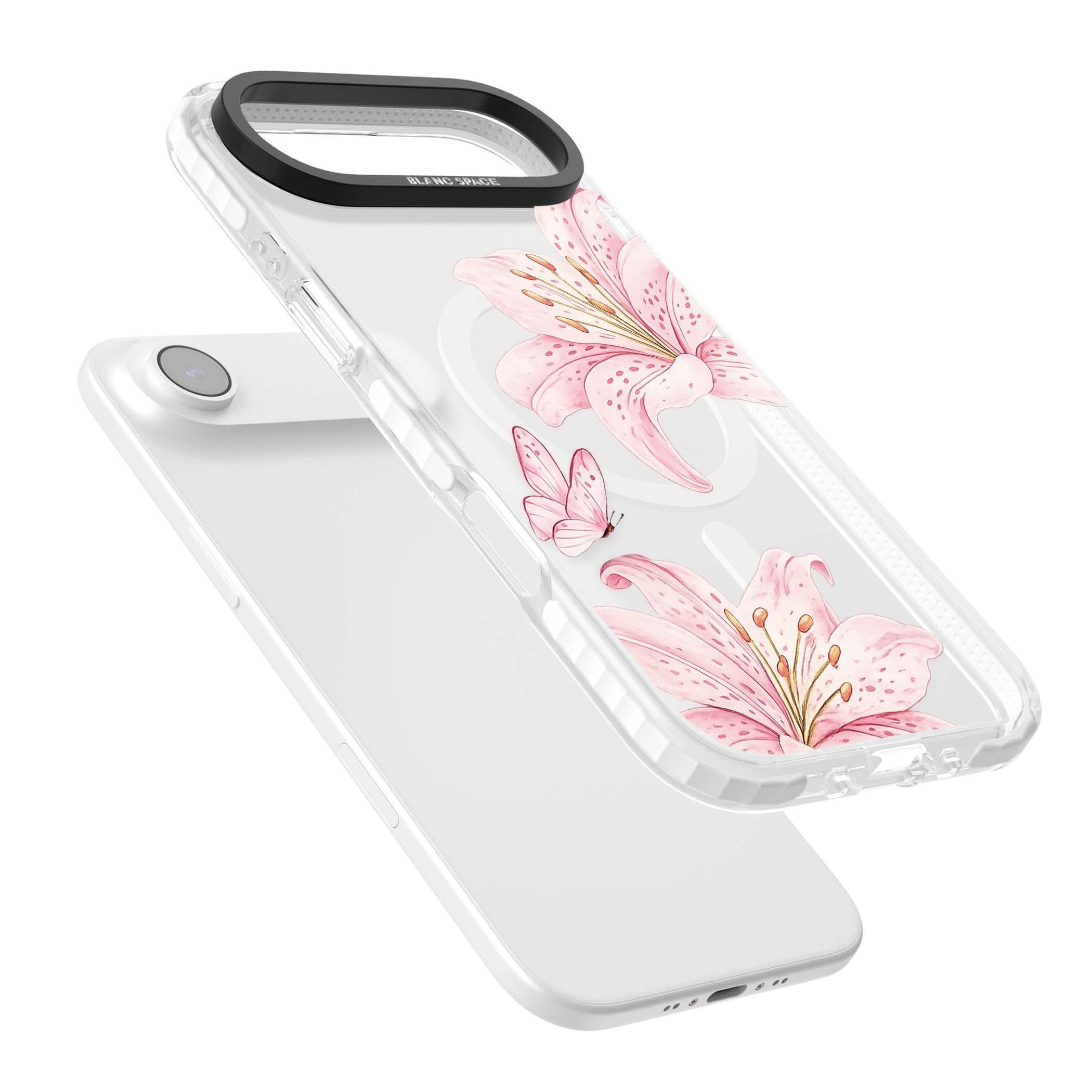 Lily Whisper floral iPhone case featuring pink watercolour lilies and delicate butterflies on a clear background | Impact Magsafe case for iPhone Air