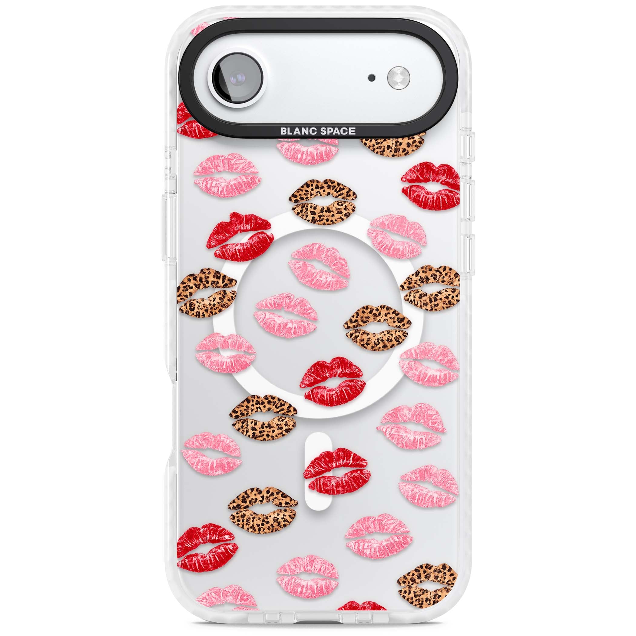 Wild Kisses coquette iPhone case featuring red, pink and leopard print lipstick kiss marks on a clear background | Impact Magsafe case for iPhone Air
