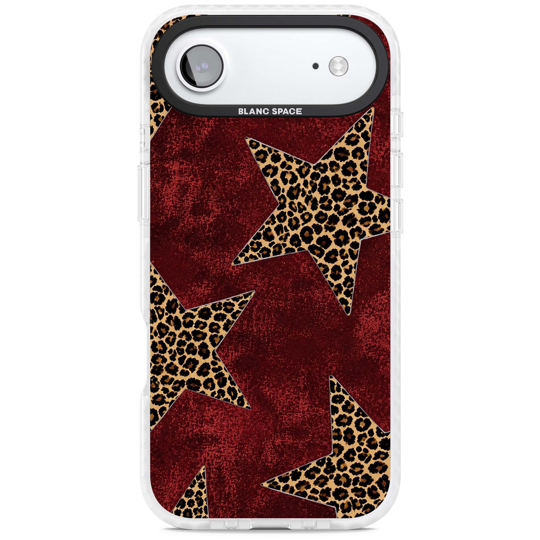 Showgirl leopard print iPhone case featuring cheetah print stars on distressed red grunge background | Impact Magsafe case for iPhone Air