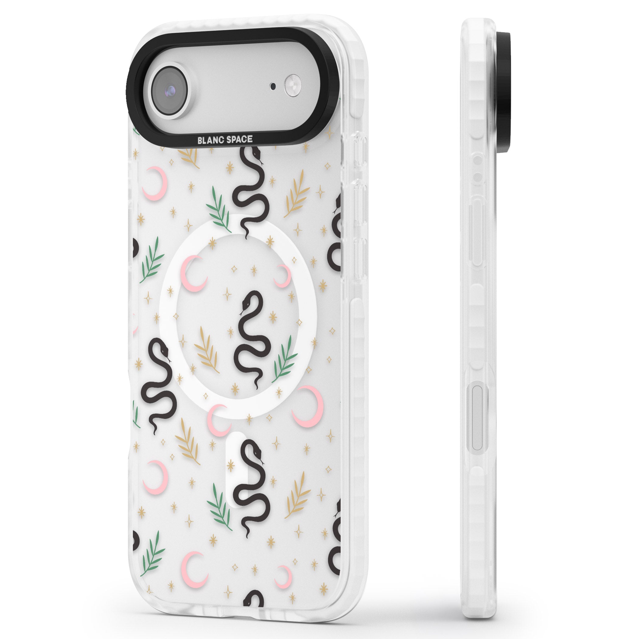 Snake & Moon Pattern iPhone 17 Air Impact Pro Clear Phone Case Side Profile
