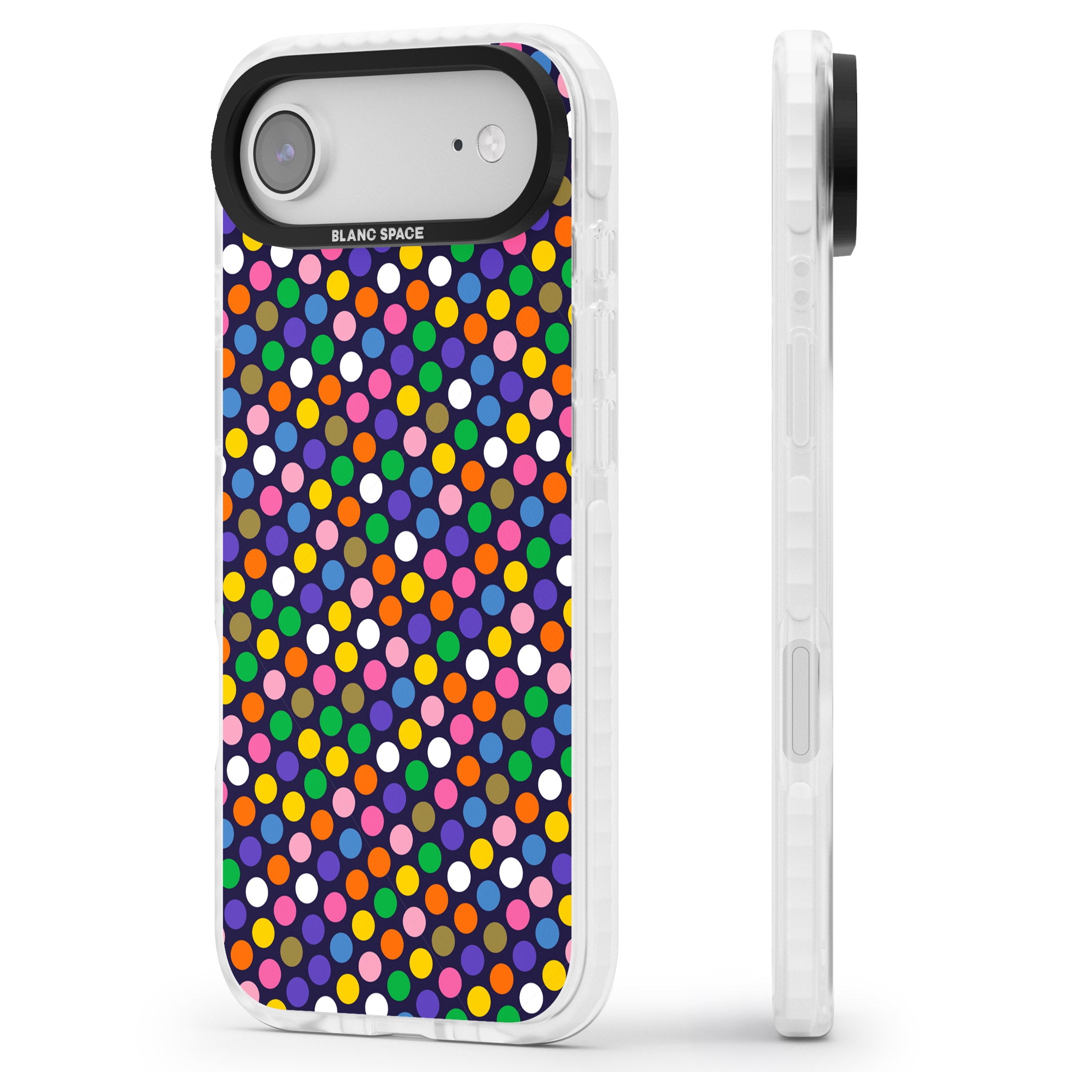 Multicolour Polka Dot Fiesta (Purple) iPhone 17 Air Impact Pro Clear Phone Case Side Profile