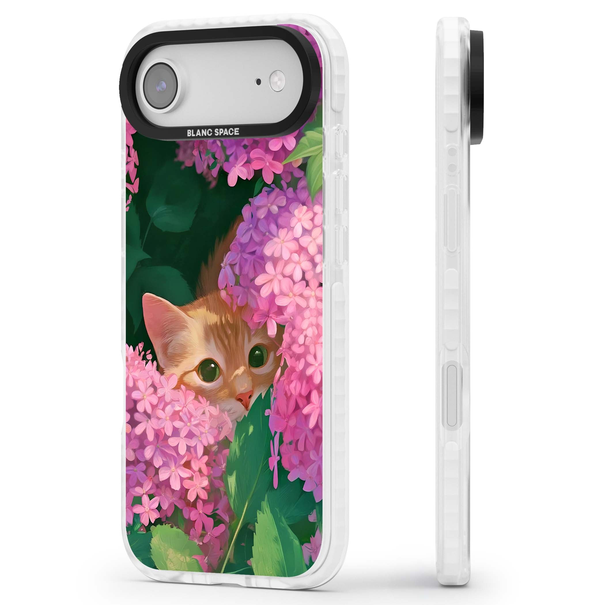 Cat In Pink Flowers cottagecore iPhone case featuring a ginger kitten peeking through lilac and pink hydrangea flo | Impact Magsafe case for iPhone Air